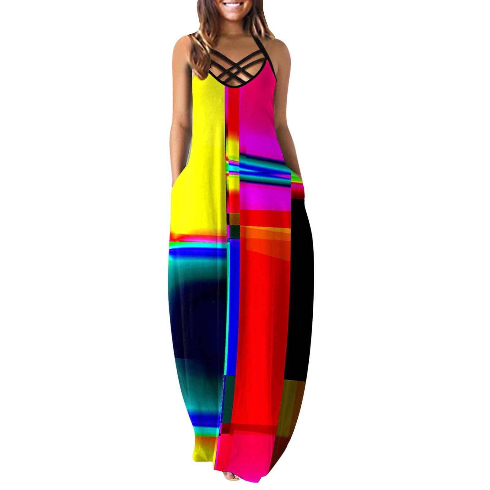 Women's Summer Maxi Dress - Sleeveless Beach Dress with Spaghetti Straps & Criss Cross Neck | Casual Sexy Sun Dress with Pockets | Perfect for Beach Vacations, Pool Parties & Summer Outings