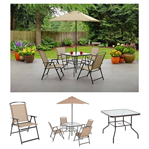 Mainstays Albany Lane 6-Piece Folding Patio Dining Set with Table, Chairs & Umbrella - Tan Outdoor Furniture for Garden, Backyard, Poolside & BBQ Parties