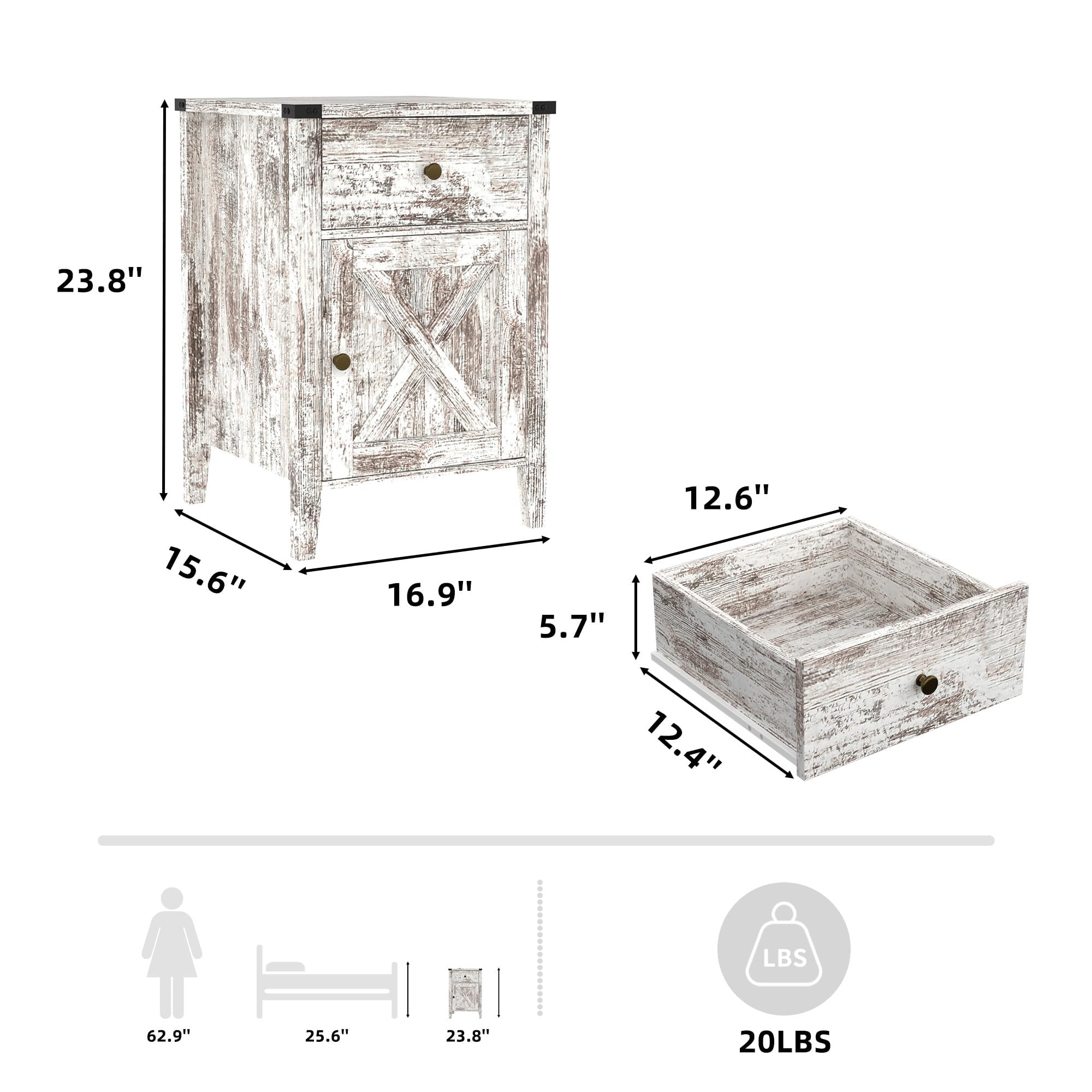 Rustic Barnwood Nightstand Set of 2 - Farmhouse Side Tables with Barn Door & Drawers - Weathered Oak Style Bedroom End Tables in Grey Wash White (No USB Charging) - Perfect for Master Bedroom, Guest Room or Cabin Decor