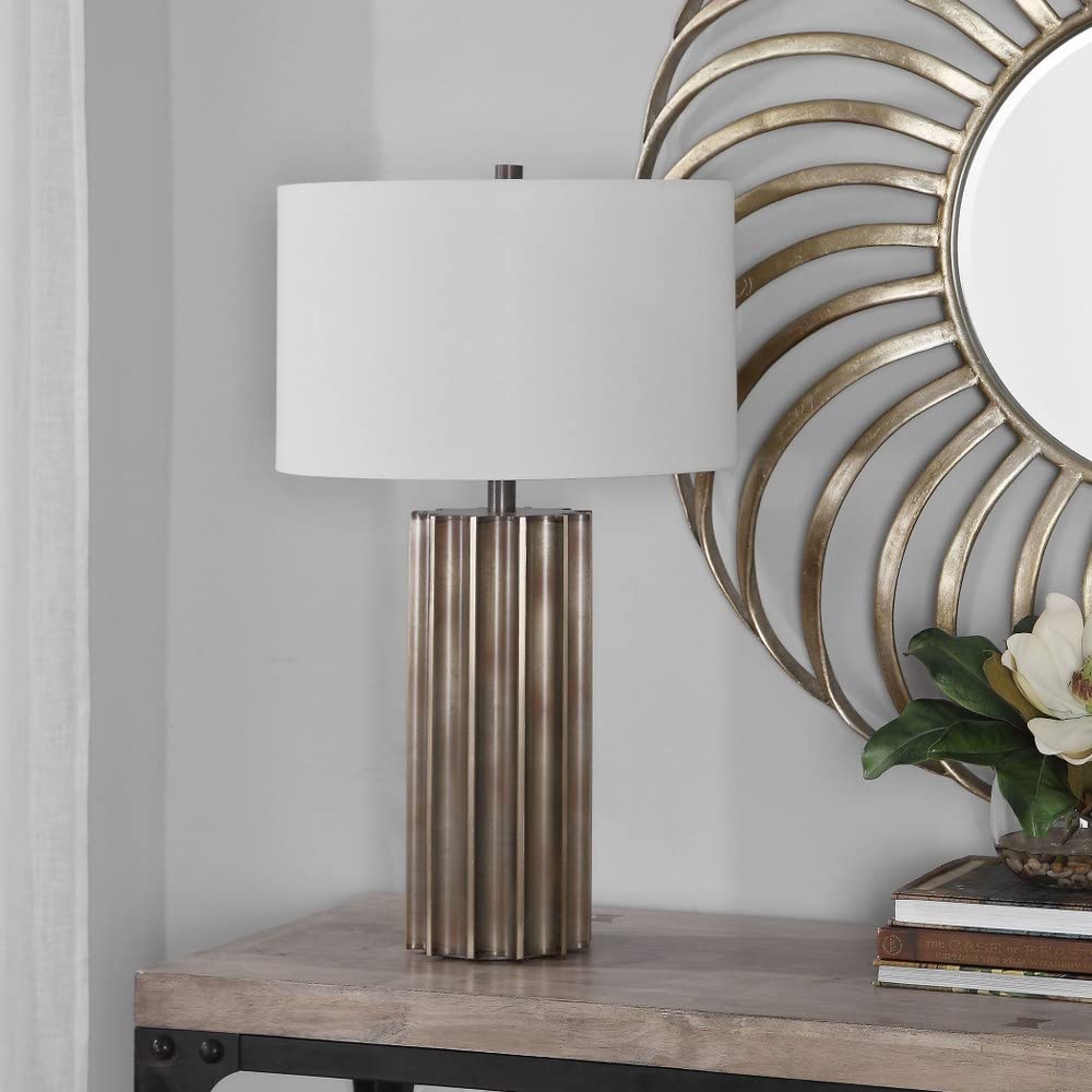 Fluted 1-Light Khalio Gun Metal Table Lamp with White Linen Drum Shade & 3-Way Switch - Modern Bedside Lamp for Living Room, Bedroom, or Office Decor