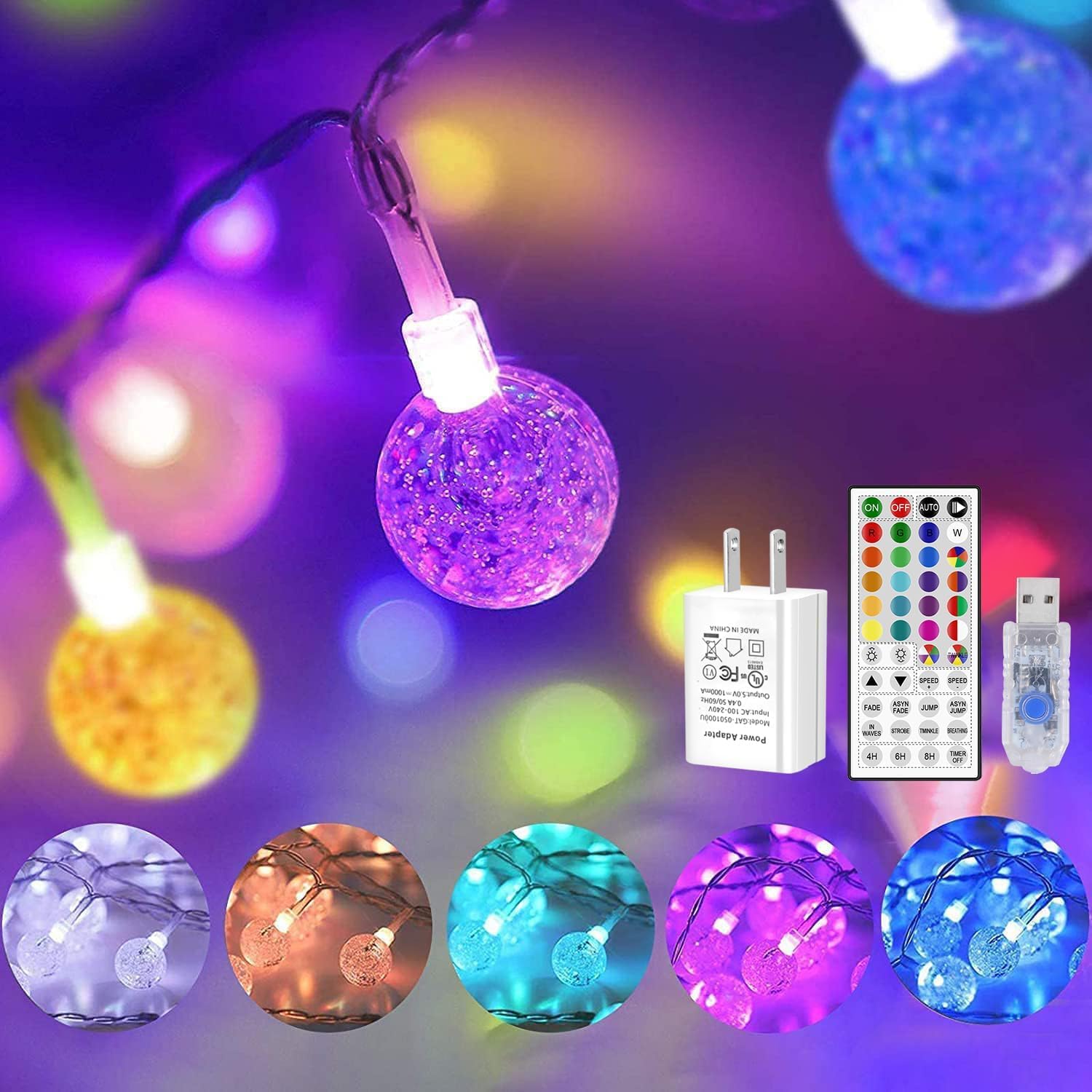 Color Changing Globe String Lights - 50 LED USB Fairy Lights with Remote for Bedroom, Party & Christmas Decor