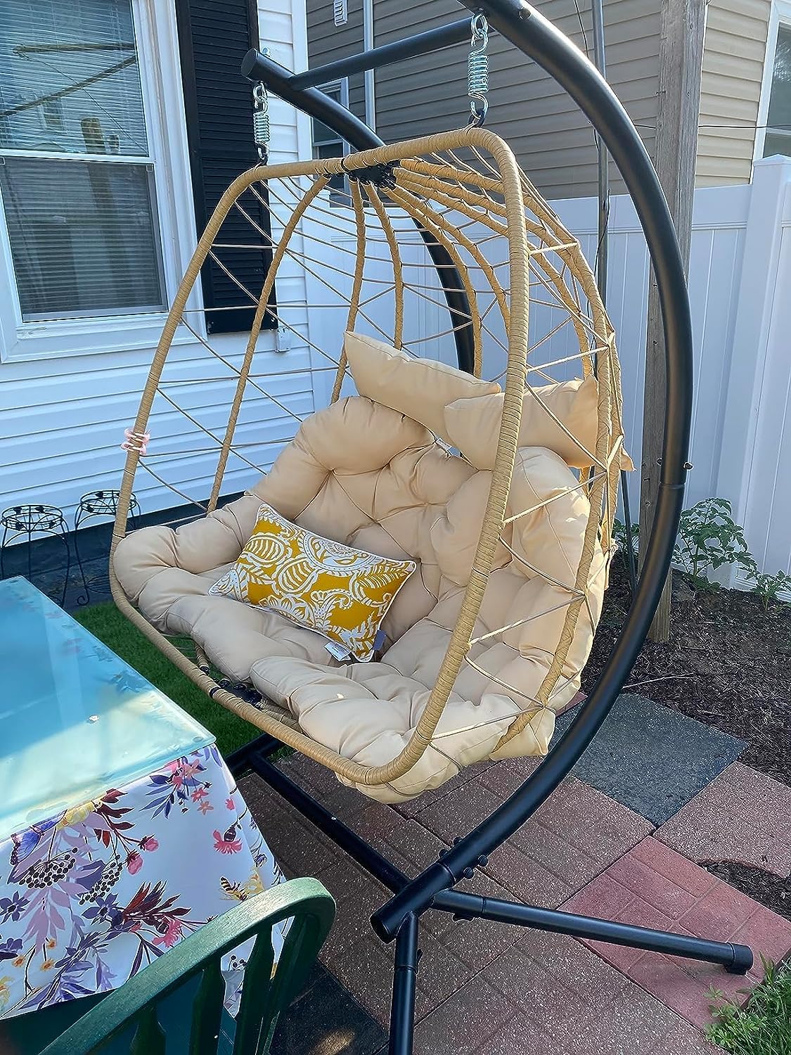 YITAHOME 2-Person Hanging Egg Chair Swing with Stand - 500lbs Capacity Wicker Hammock Chair for Outdoor & Indoor Use - Includes Cushions - Perfect for Patio, Garden, Bedroom, Balcony - Beige - Relaxation & Boho Home Decor