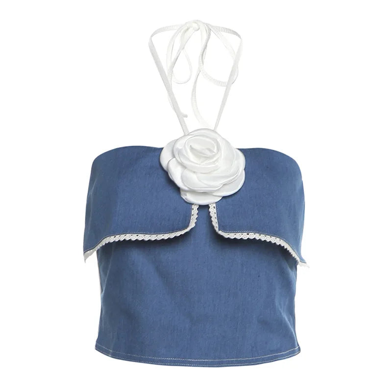 3D Flower Applique Halterneck Backless Camisole Top for Women - Blue Denim Patchwork Y2K Fashion Going Out Tops | Perfect for Parties, Date Nights & Summer Outfits