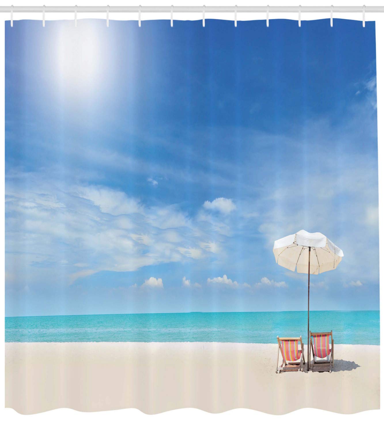Ambesonne Hawaiian Beach Shower Curtain - Tropical Island Seascape with Chairs & Umbrella, 69x70 Inch Blue Beige Fabric Bathroom Decor - Perfect for Coastal, Beach House & Tropical Themed Bathrooms