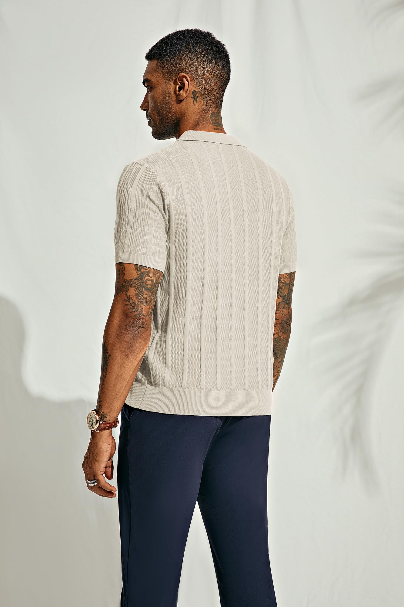PJ PAUL JONES Men's Textured Knit V-Neck Polo Shirts - Breathable Summer Casual Shirt for Golf, Office & Outdoor Activities