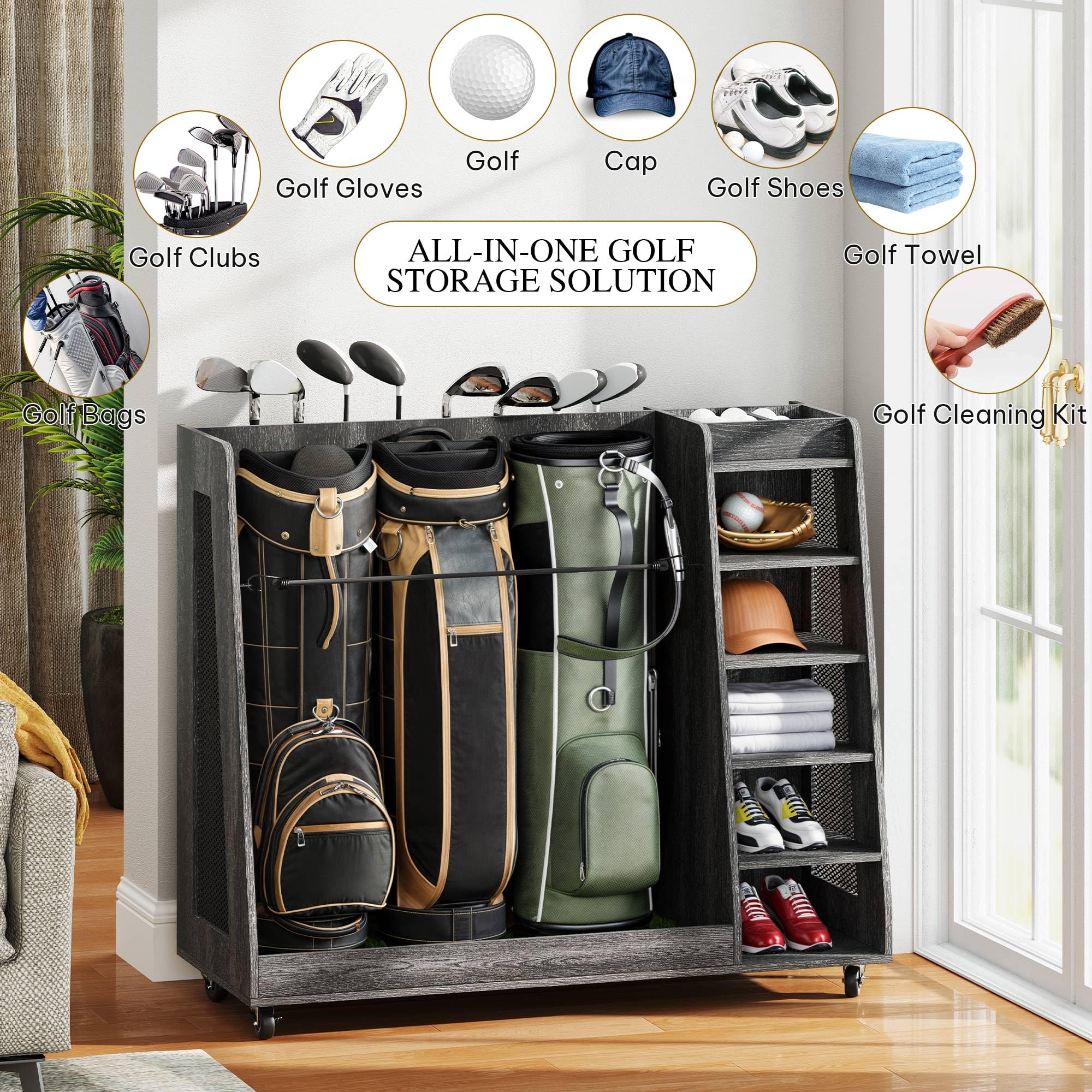 YITAHOME Wooden Golf Bag Organizer - Rolling Storage Stand for Golf Bags, Clubs, Balls & Accessories - Holds 2-3 Golf Bags - Perfect for Garage & Home Golf Equipment Organization - Ideal for Golf Enthusiasts & Club Storage Solutions