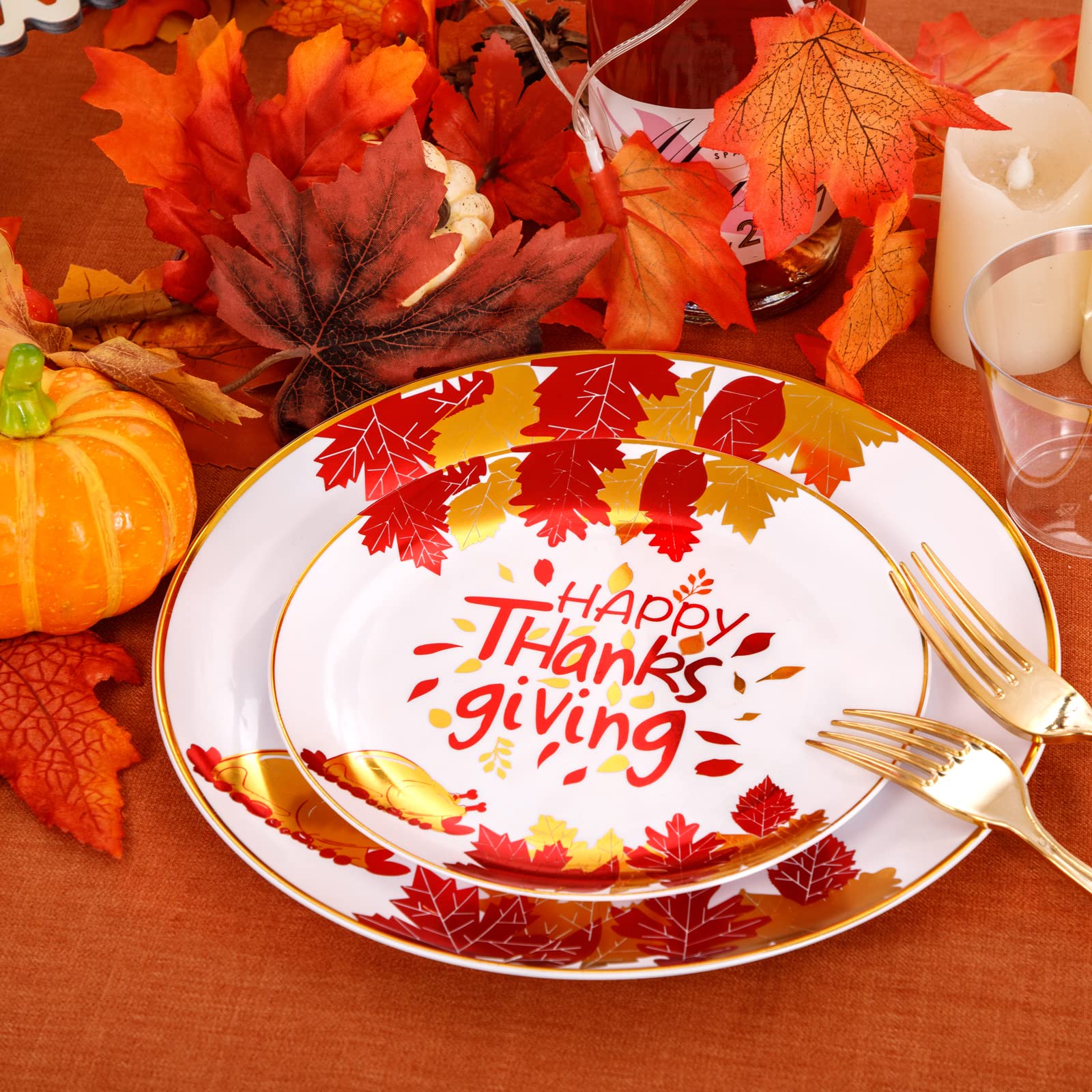 175-Piece Thanksgiving Plastic Dinnerware Set - Gold Disposable Plates, Dessert Plates, Napkins & Cups for Holiday Parties, Family Gatherings & Festive Celebrations
