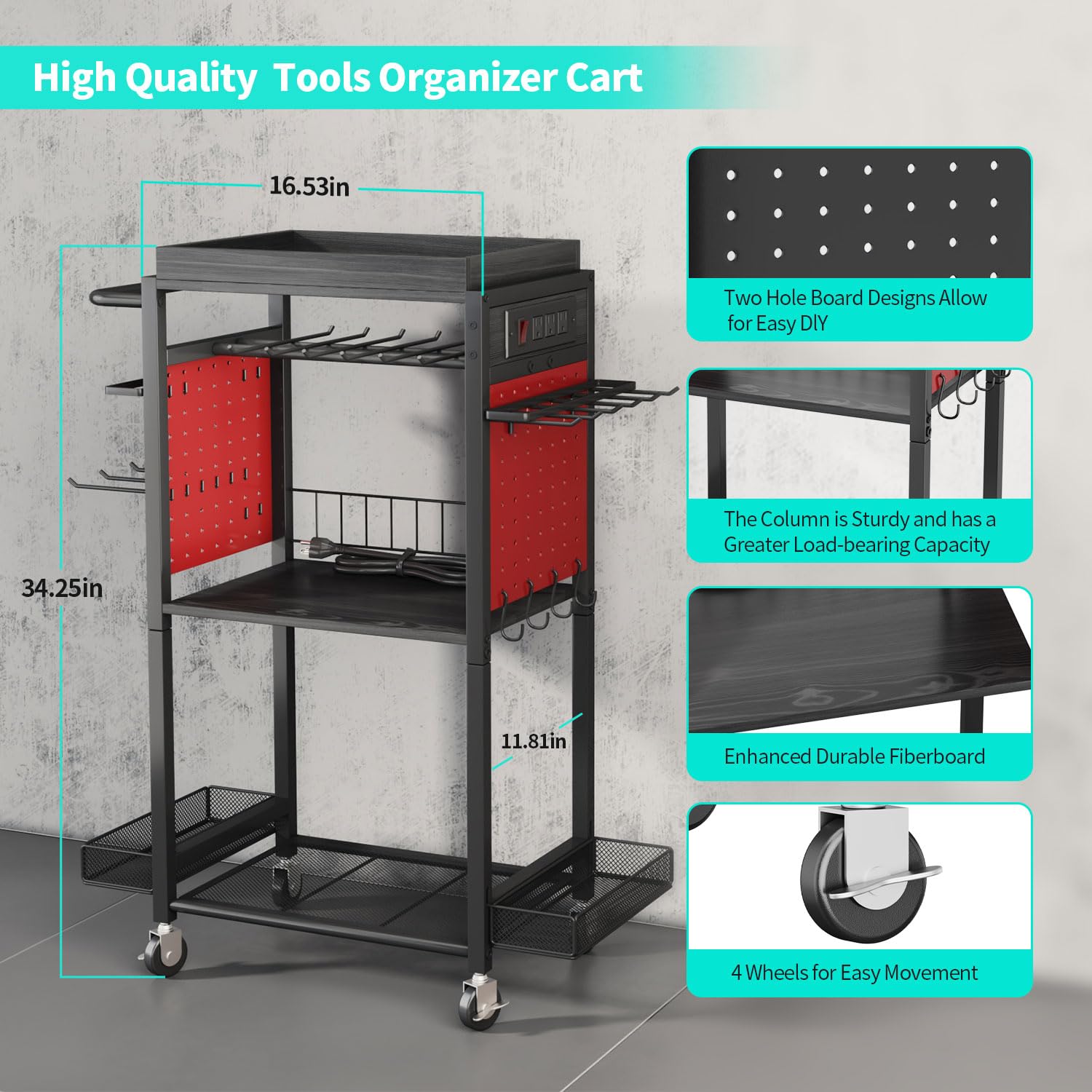 HapiRm Power Tool Organizer Cart with Wheels & Charging Station - Heavy Duty Garage Storage Cabinet for Drills & Tools - Perfect Workshop Gift for Men & Dad (DIY Projects, Home Improvement, Auto Repair)