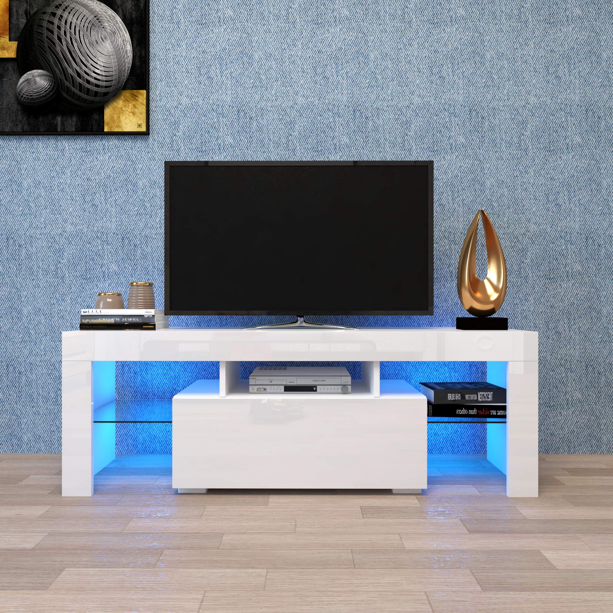 Modern TV Stand with LED Lights & Storage Drawer for 40-60 Inch TVs - Clear Glass Shelf Entertainment Center Console Table for Living Room, Bedroom & Lounge - Perfect for Movie Nights & Home Theater Setup