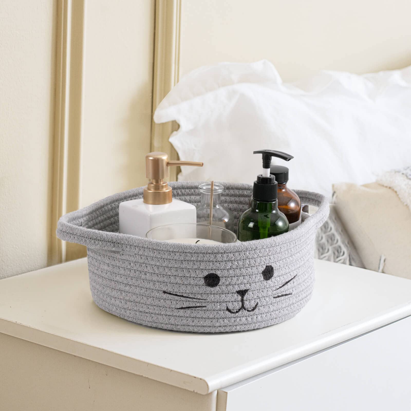 TIMEYARD Small Woven Rope Storage Basket - Grey Cat Toy Basket, Nursery Baby Basket, Decorative Gift Basket (9.8 x 4 inches) - Perfect for Living Room Organization, Baby Shower Gifts & Pet Toy Storage