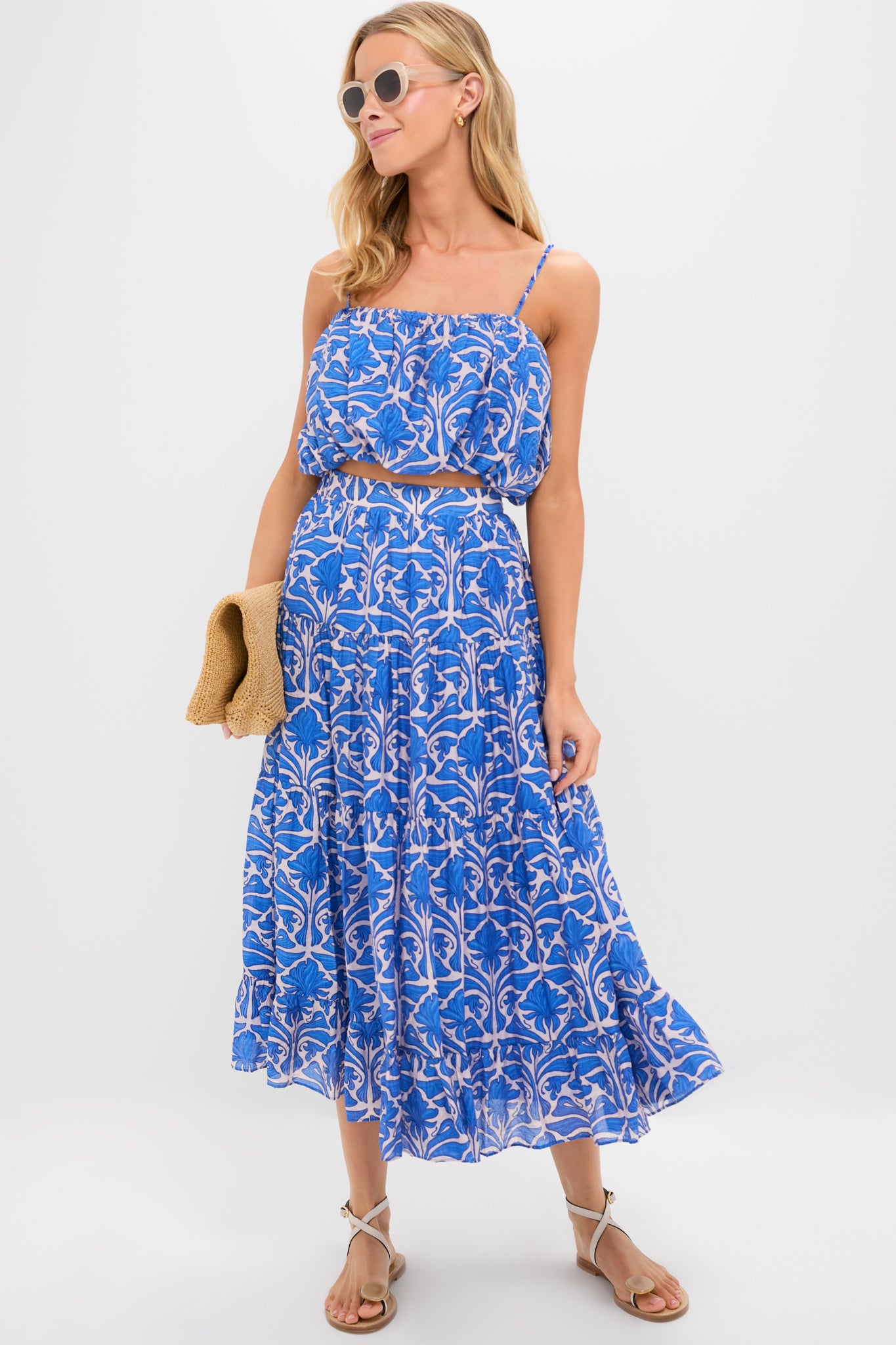 Blue Geometric Floral Azores Bubble Blouse - Women's Trendy Boho Chic Blouse for Casual Outings & Summer Vacations