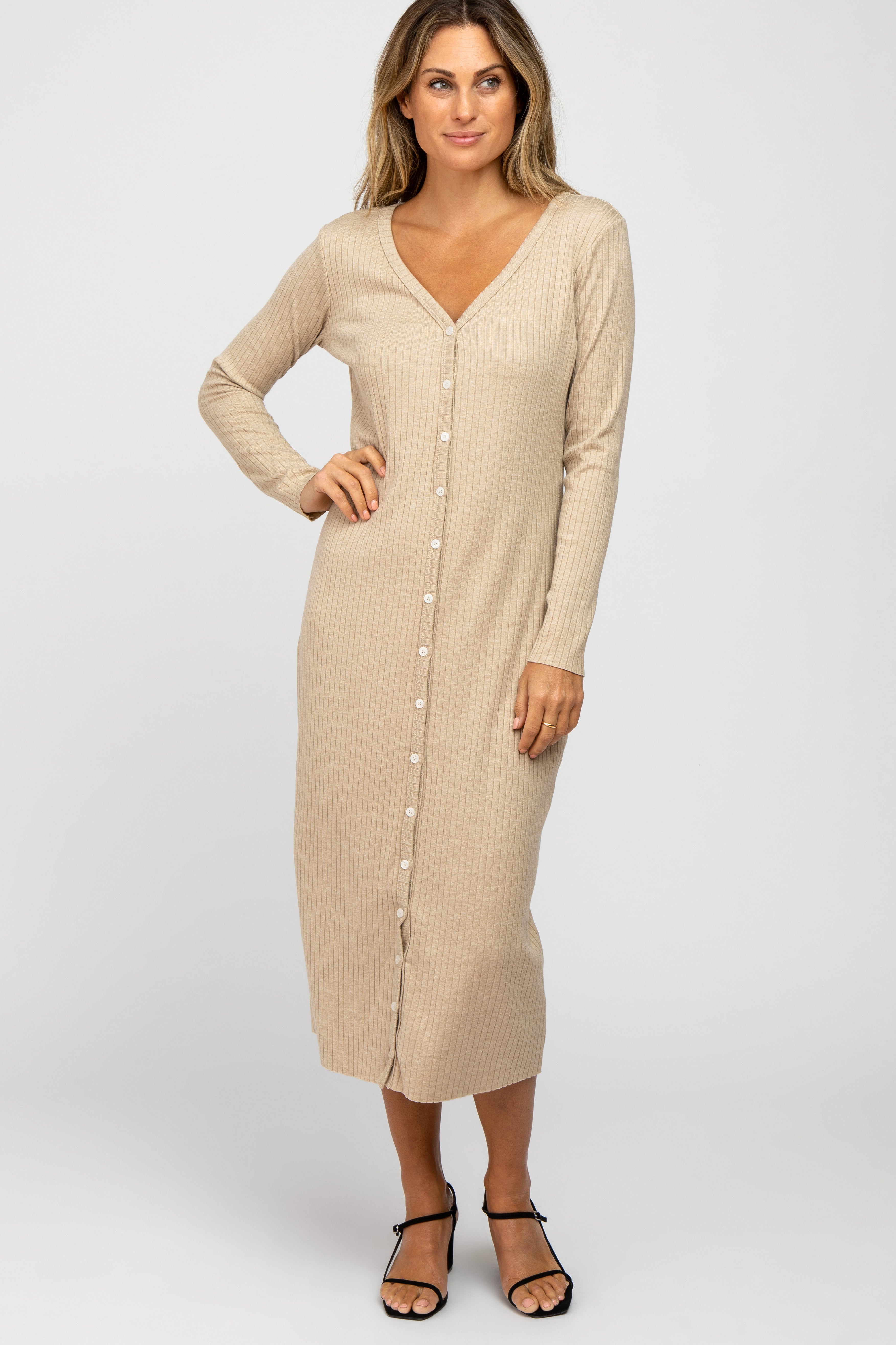Beige Ribbed Button Front Midi Cardigan Dress for Women | Soft Knit Sweater Dress | Casual & Office Wear | Fall & Winter Fashion