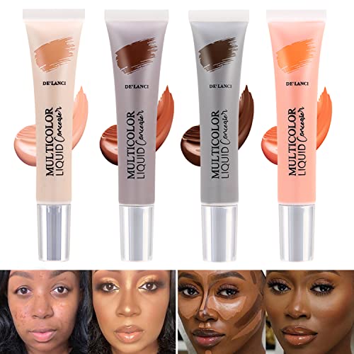 DE'LANCI Orange Color Correcting Concealer for Dark Skin Tones - Full Coverage Waterproof Concealer Kit with Matte Finish (0.67 Oz, #03+#04+#05+#06) - Perfect for Dark Circles, Hyperpigmentation & Blemish Coverage - Ideal for Everyday Makeup, Professional Looks & Photo Shoots