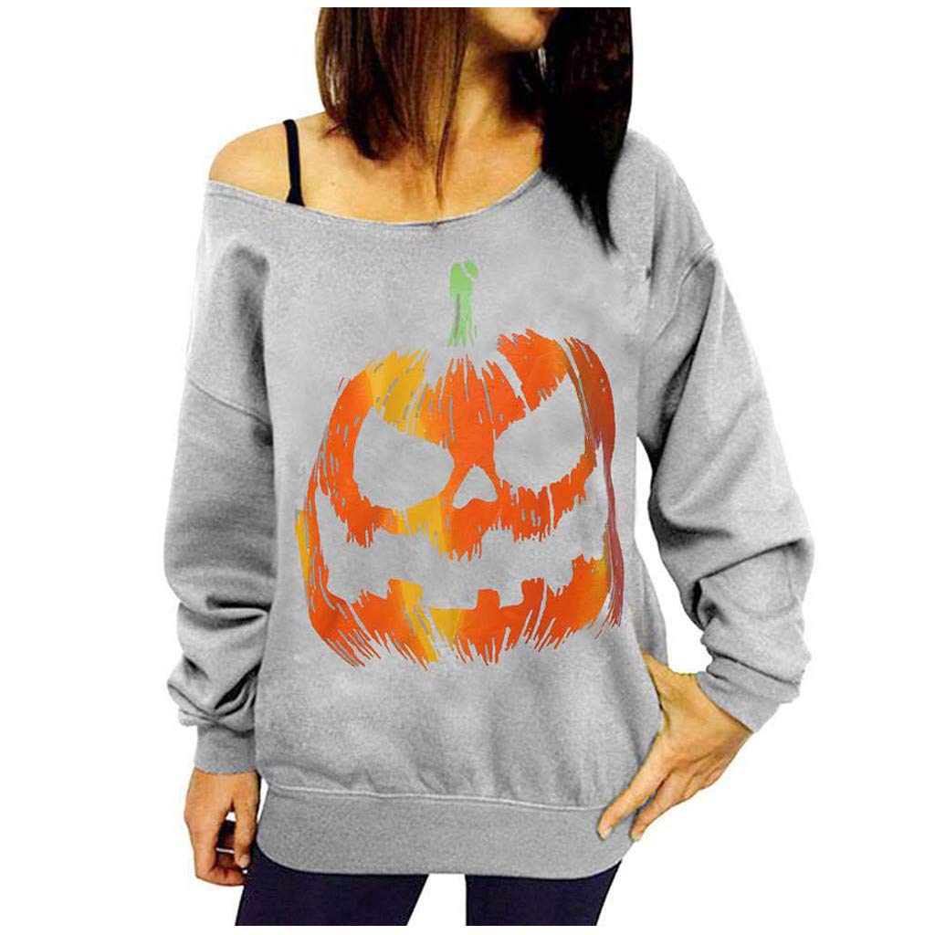 Women's Halloween Costume Tops - Loose Casual Pumpkin Print Boat Neck Strapless Sweater for Halloween Parties, Cosplay & Fall Festivals