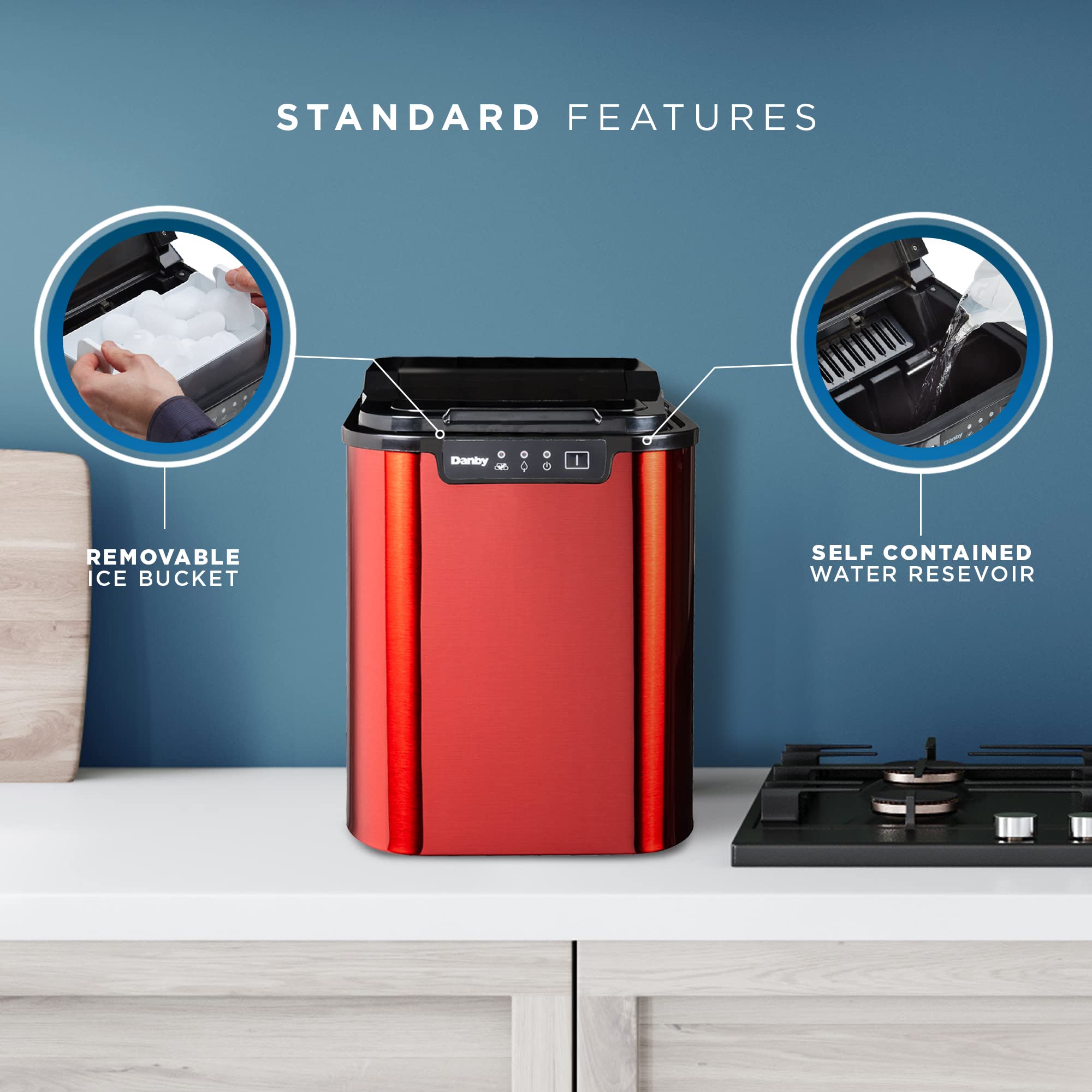 Danby DIM2500RDB 25 lbs/24Hrs Countertop Ice Maker with Electronic Controls, LED Display & Self-Clean Function - Compact Red Ice Machine for Home, Office, Party & RV Use (Holds 2 lbs of Ice)