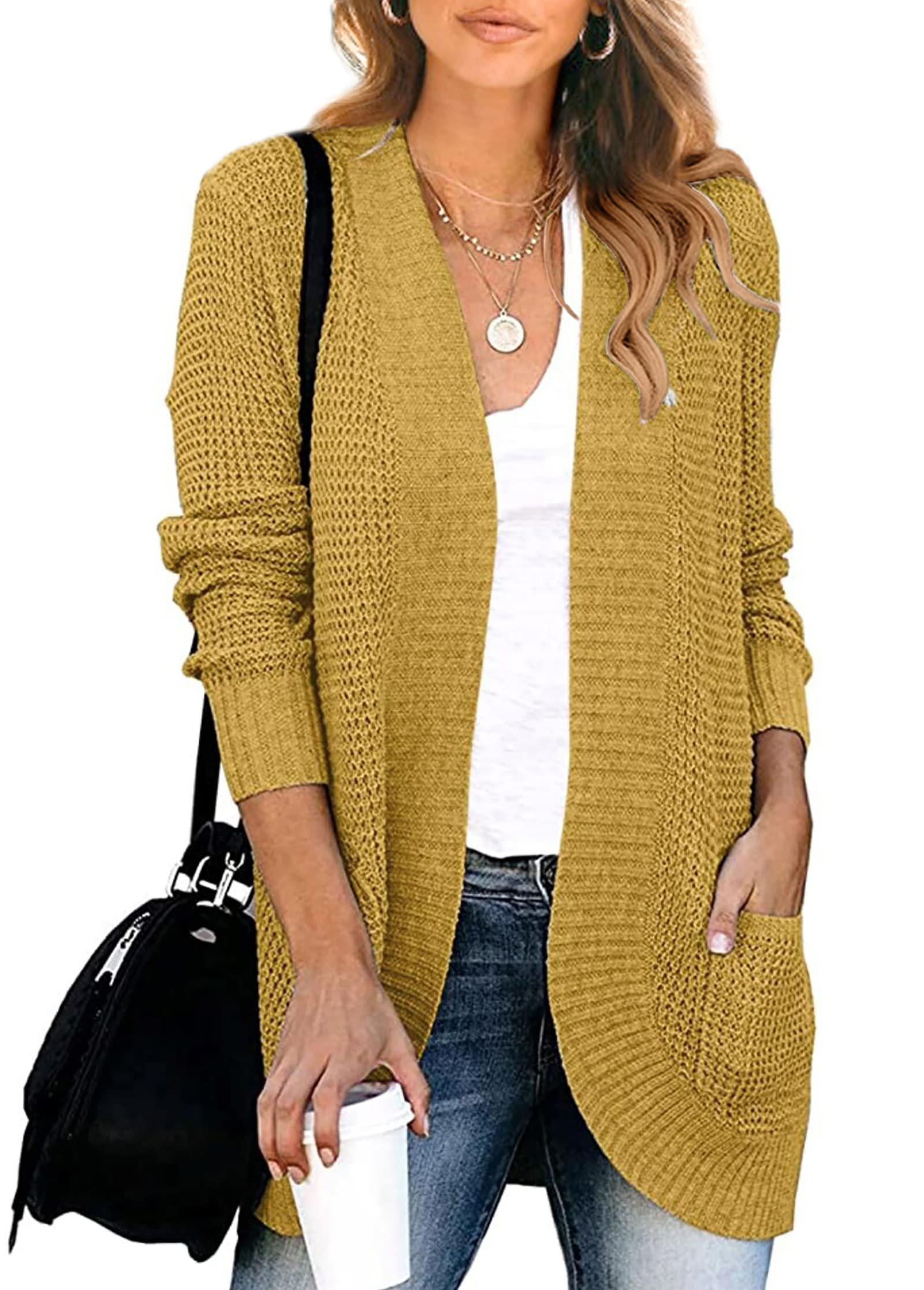 KIRUNDO 2023 Fall Winter Women's Open Front Long Sleeve Loose Knit Cardigan Sweater with Pockets - Cozy Waffle Knit Oversized Pullover for Casual Outfits & Layering