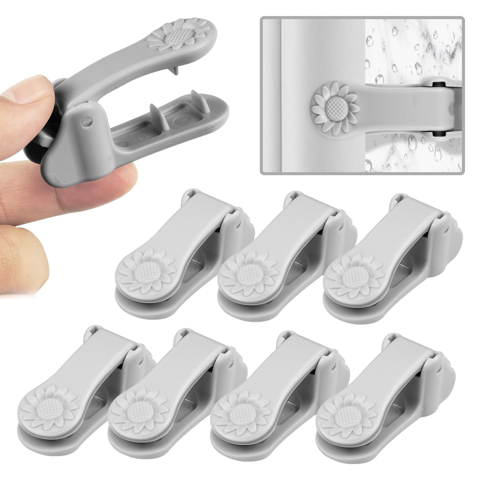 8 Pack Windproof Shower Curtain Clips with Nano Double Sided Tape - Heavy Duty Shower Splash Guard for Bathroom, Gray - Prevent Water Leaks for Tubs, Showers & Bathroom Walls
