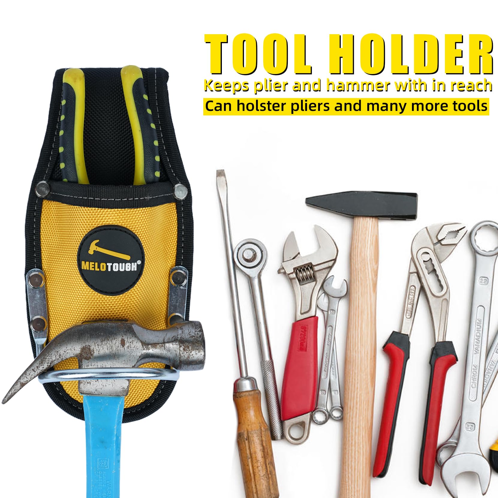 MELOTOUGH Heavy Duty Plier Holster & Hammer Holder - Durable Steel Loop Tool Belt Organizer for Construction, Electrician, HVAC - Compact Work Pocket for Easy Access & Secure Storage