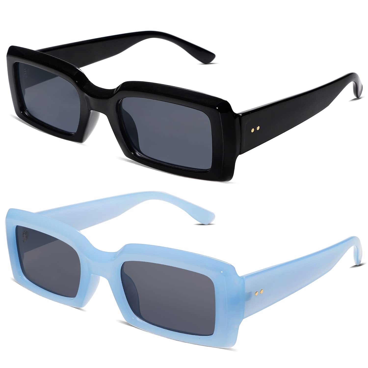 Trendy Vintage 90's Rectangle Sunglasses for Women & Men - Thick Frame Square Shades Nude Sunnies AR82002 | Perfect for Beach, Driving & Outdoor Fashion Accessories