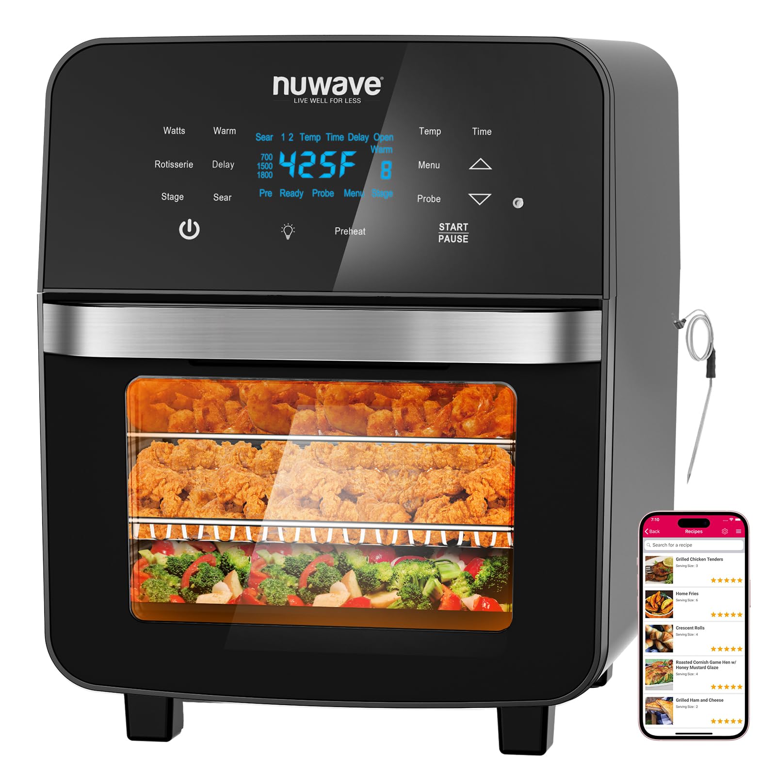 Nuwave Brio 15.5Qt 10-IN-1 Air Fryer Toaster Oven with Rotisserie - XL Family Size Countertop Convection Oven for Air Frying, Roasting, Baking, Reheating & Dehydrating - 1800W, 50°-425°F Temperature Control, 100 Presets & 50 Memory - Dishwasher Safe - Perfect for Quick Meals, Healthy Cooking & Family Gatherings