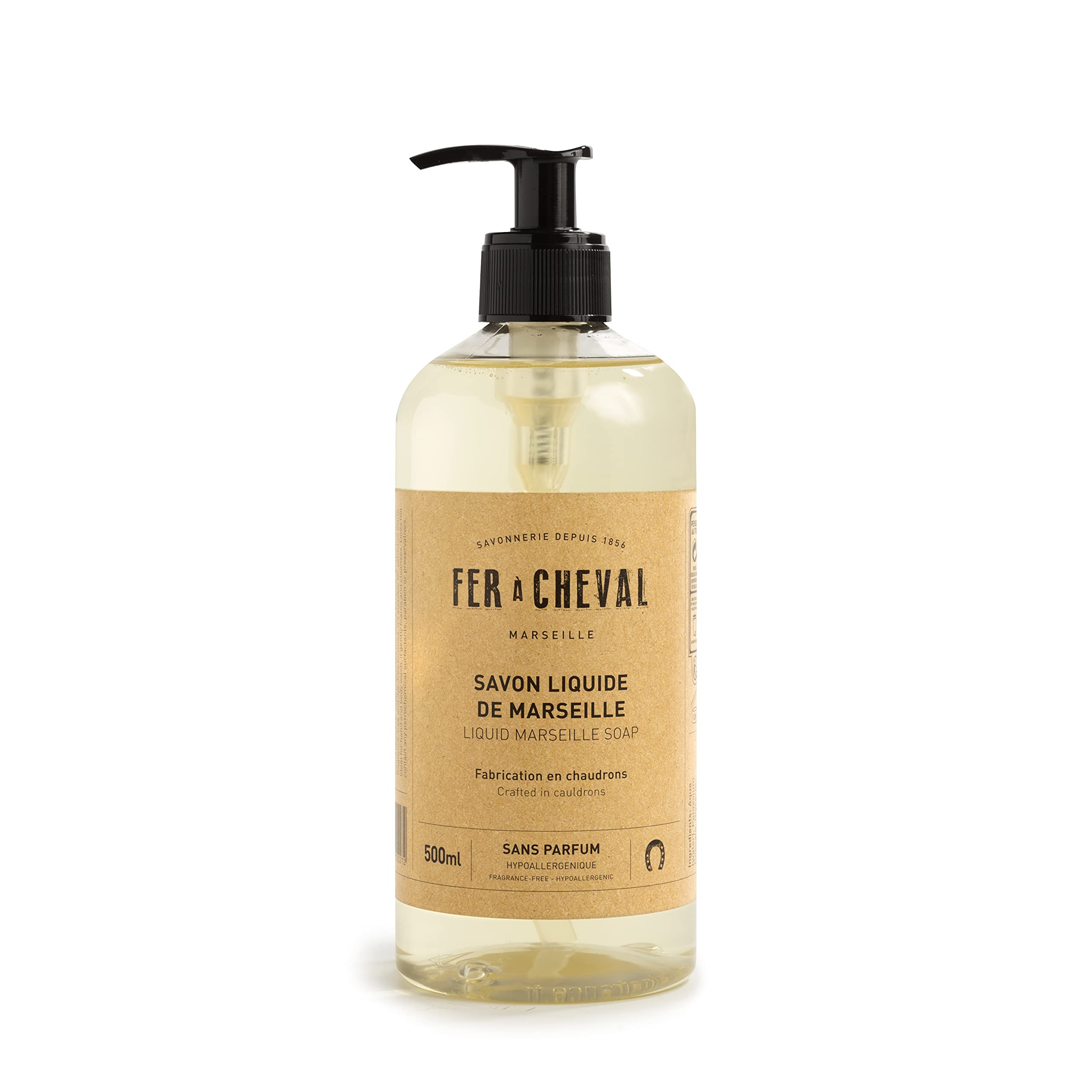 FER À Cheval Marseille Liquid Soap - Unscented Castile Soap for Sensitive Skin - 16.9 oz Pump Dispenser - Perfect for Hand Wash, Body Cleansing & Household Cleaning