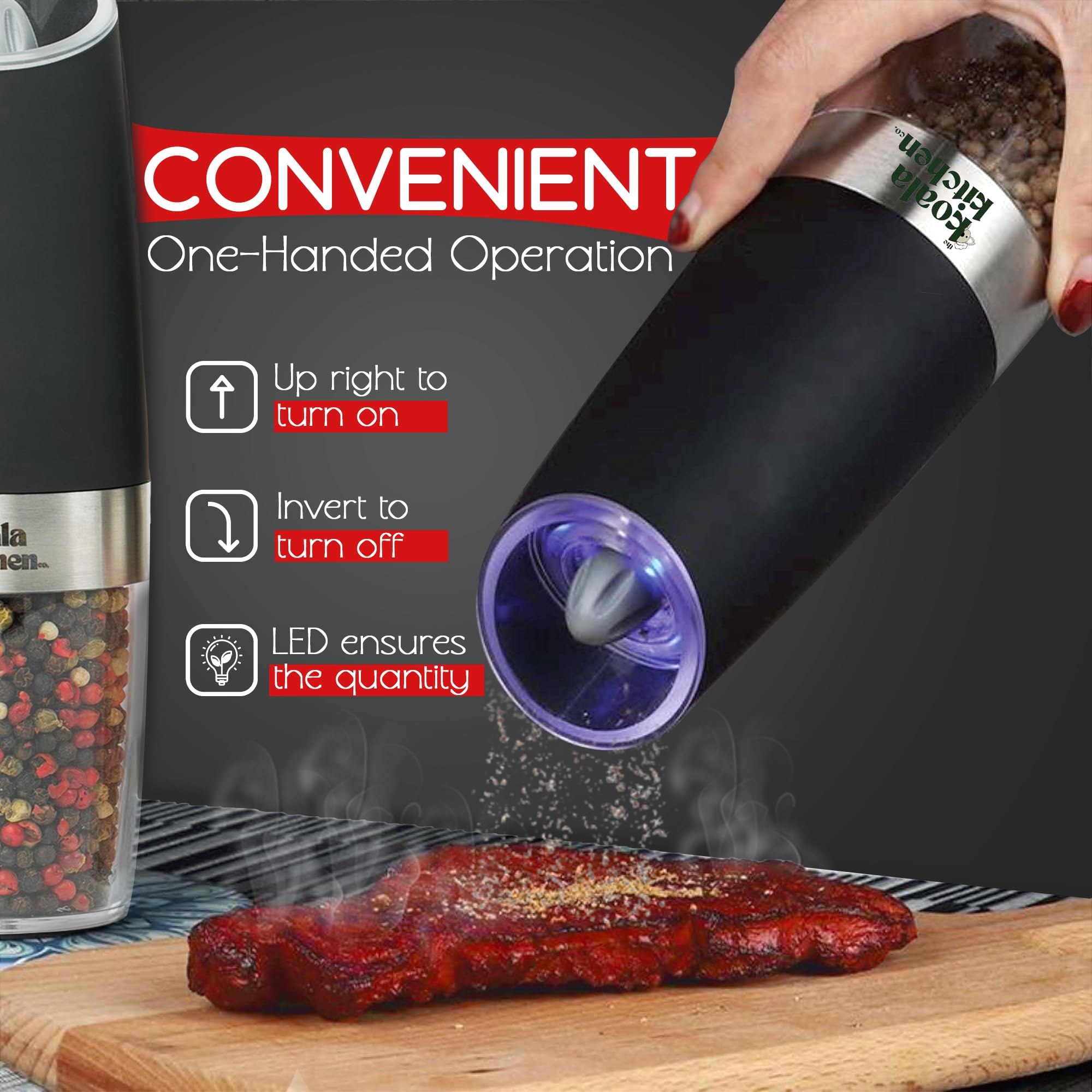 Premium Stainless Steel Electric Salt and Pepper Grinder Set - Adjustable Coarseness, Battery Operated with Blue Light - 2 Pack (Black) for Kitchen, Dining Table, Camping & Gifts