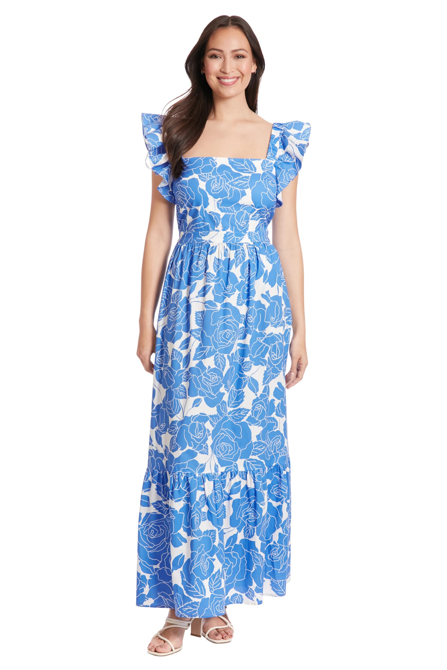 London Times Square Neck Maxi Ruffle Detail Summer Dress for Women - Elegant Flowy Beach Dress for Vacations, Parties & Date Nights