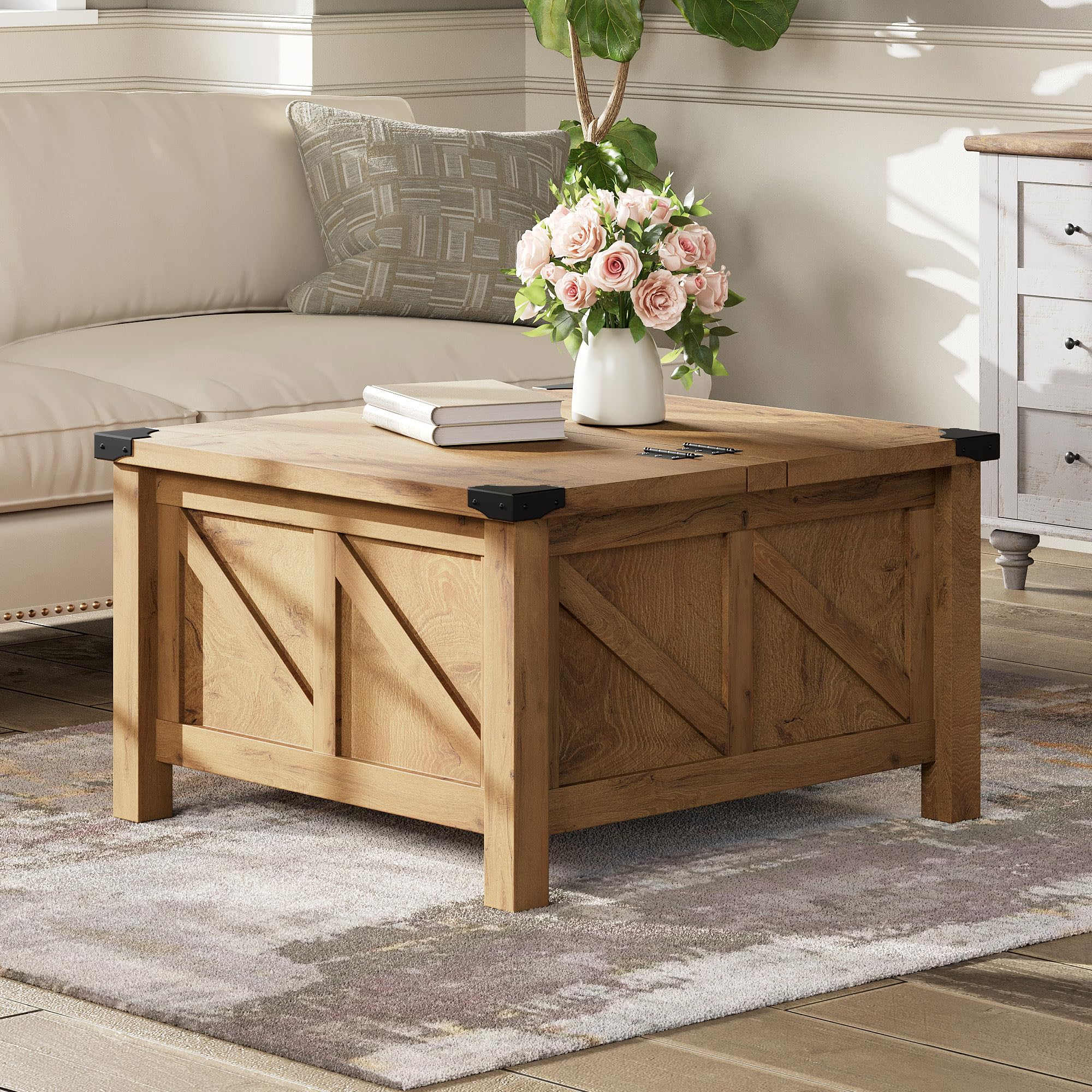 WAMPAT 30x30 Inch Square Farmhouse Coffee Table with Storage - Solid Wood Flip-Top Design with Gas Spring Lift, Metal-Wrapped Corners (Oak Finish) - Perfect for Living Room, Family Gatherings & Small Space Storage Solutions