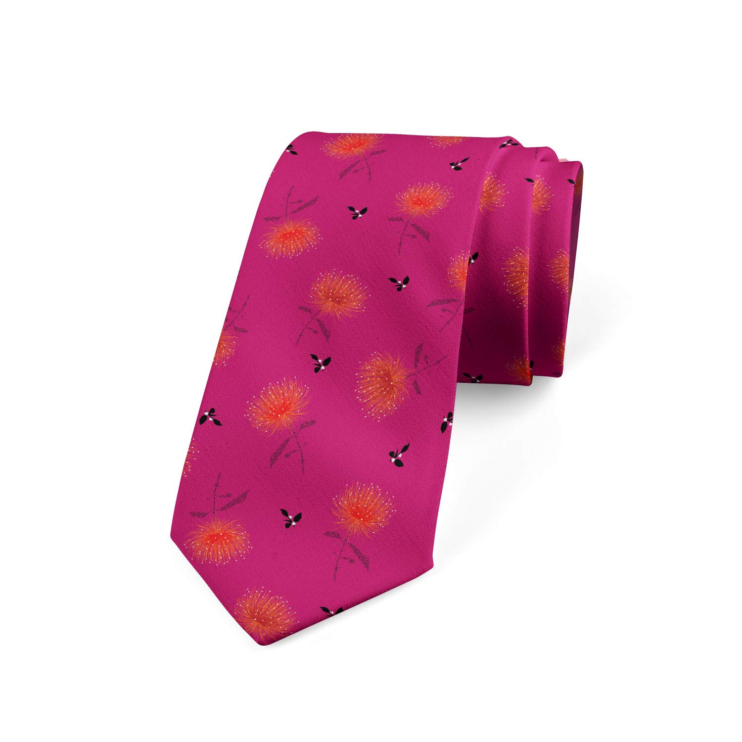 Ambesonne Spring Necktie - Powder Puff Flowers & Spring Beetles Design | 3.7 Inch Wide | Magenta Vermilion Color | Perfect for Weddings, Easter & Spring Office Wear