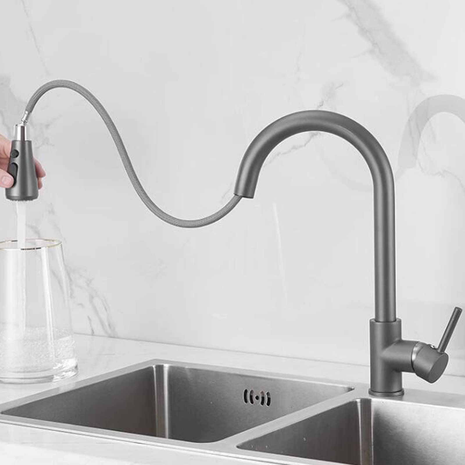 High-Quality Grey Brass Kitchen Sink Faucet with Pull-Out Spray - 360° Swivel for Hot & Cold Water - Perfect for Modern Kitchens and Easy Dishwashing