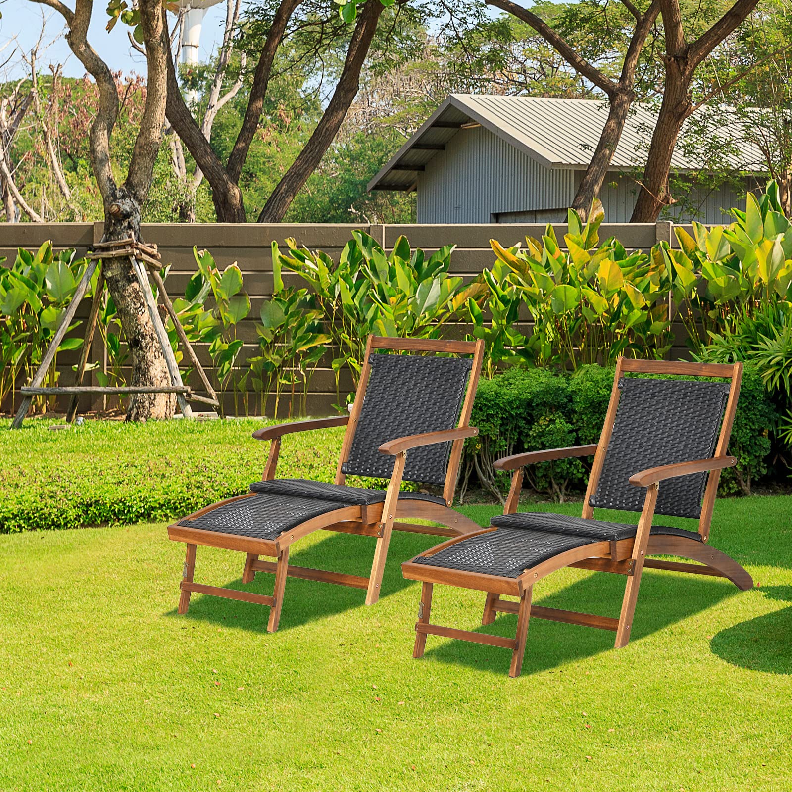 **HAPPYGRILL Outdoor Chaise Lounge Chair with Adjustable Footrest - Acacia Wood & Rattan Wicker Folding Pool Chair - Portable Patio Lounger for Garden, Porch, Beach & Backyard Relaxation**