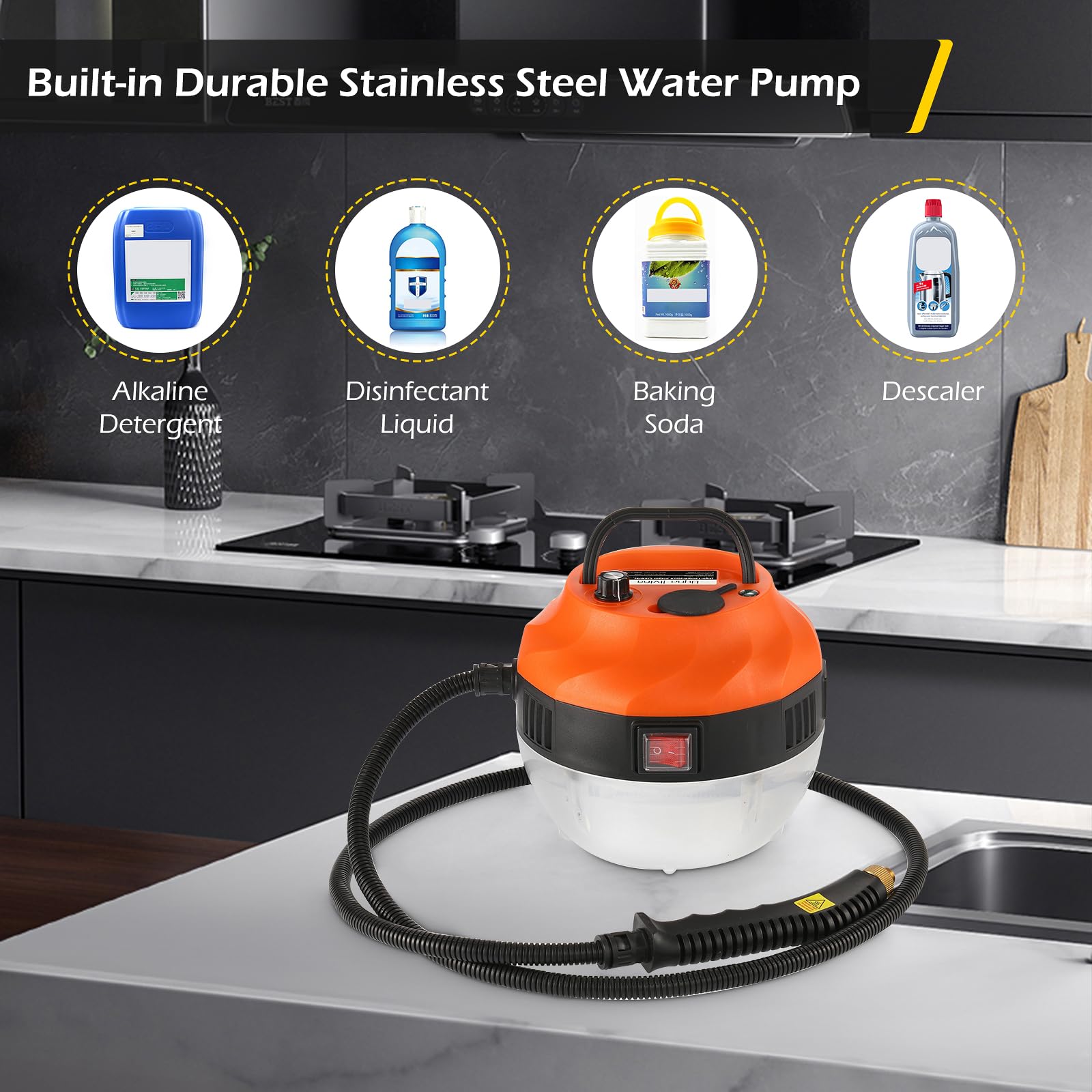 Dyna-Living 2500W Handheld Steam Cleaner - Portable High Pressure Car Steamer with 1.4L Large Water Tank | Electric Steam Cleaner Machine for Auto Detailing, Home Cleaning & Sanitizing (Orange) - Perfect for Cars, Upholstery, Tiles & Kitchen Appliances