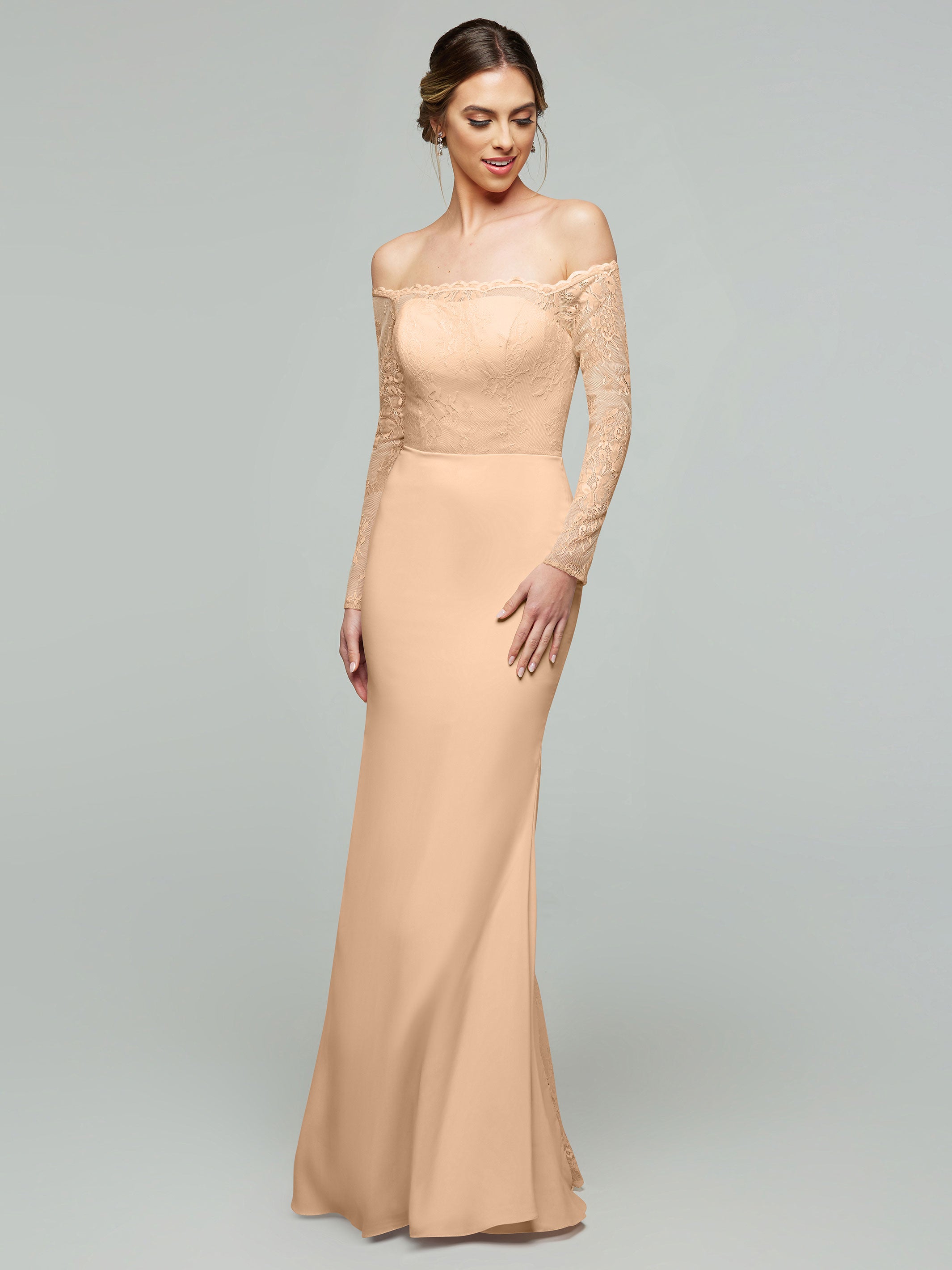 Elegant 80191 Chiffon & Lace Mermaid Bridesmaid Dress with Off-the-Shoulder Long Sleeves - Perfect for Weddings, Formal Events & Evening Parties