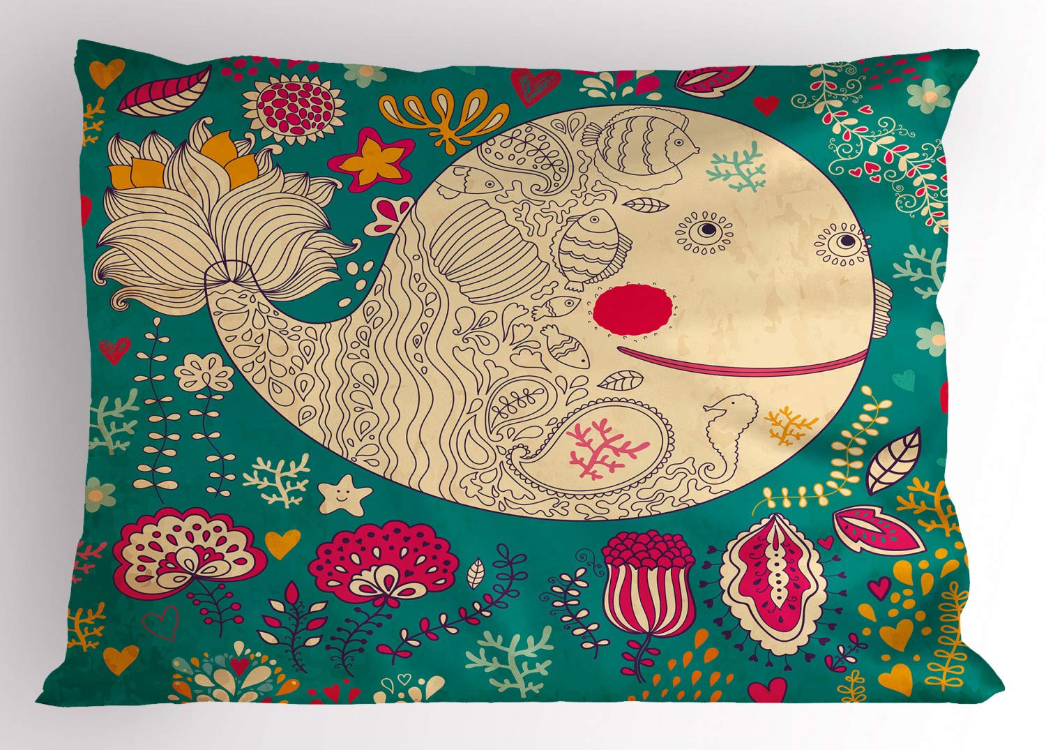 Ambesonne Whale Pillow Sham - Happy Giant Sea Ocean Creature Whale with Flower Blooms Tulips Leaves Design - Decorative Standard Size Printed Pillowcase 26