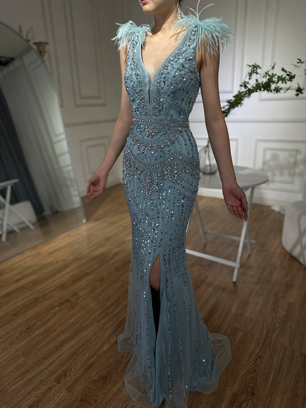 Elegant Dubai Arabic Blue Beaded Feather Mermaid Evening Gown for Women - Formal Occasion Long Dress LA72742 | Perfect for Weddings, Galas, and Red Carpet Events