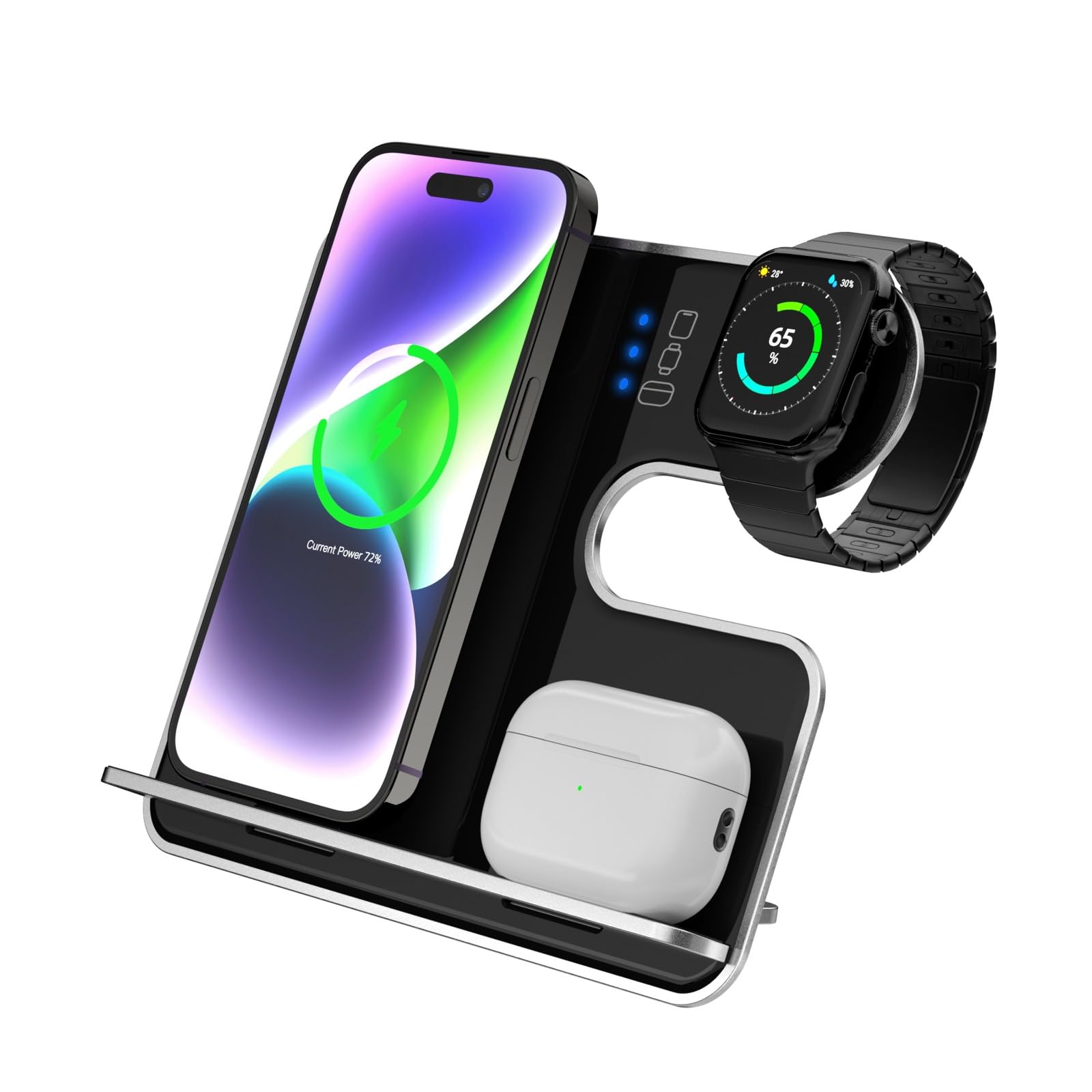 SERENIB 3-in-1 Wireless Charging Station - 15W Fast Qi Magnetic Charger for iPhone 12/13/14/15 Pro/Max, Apple Watch & AirPods (White) | Perfect for Bedside, Office Desk & Travel Charging