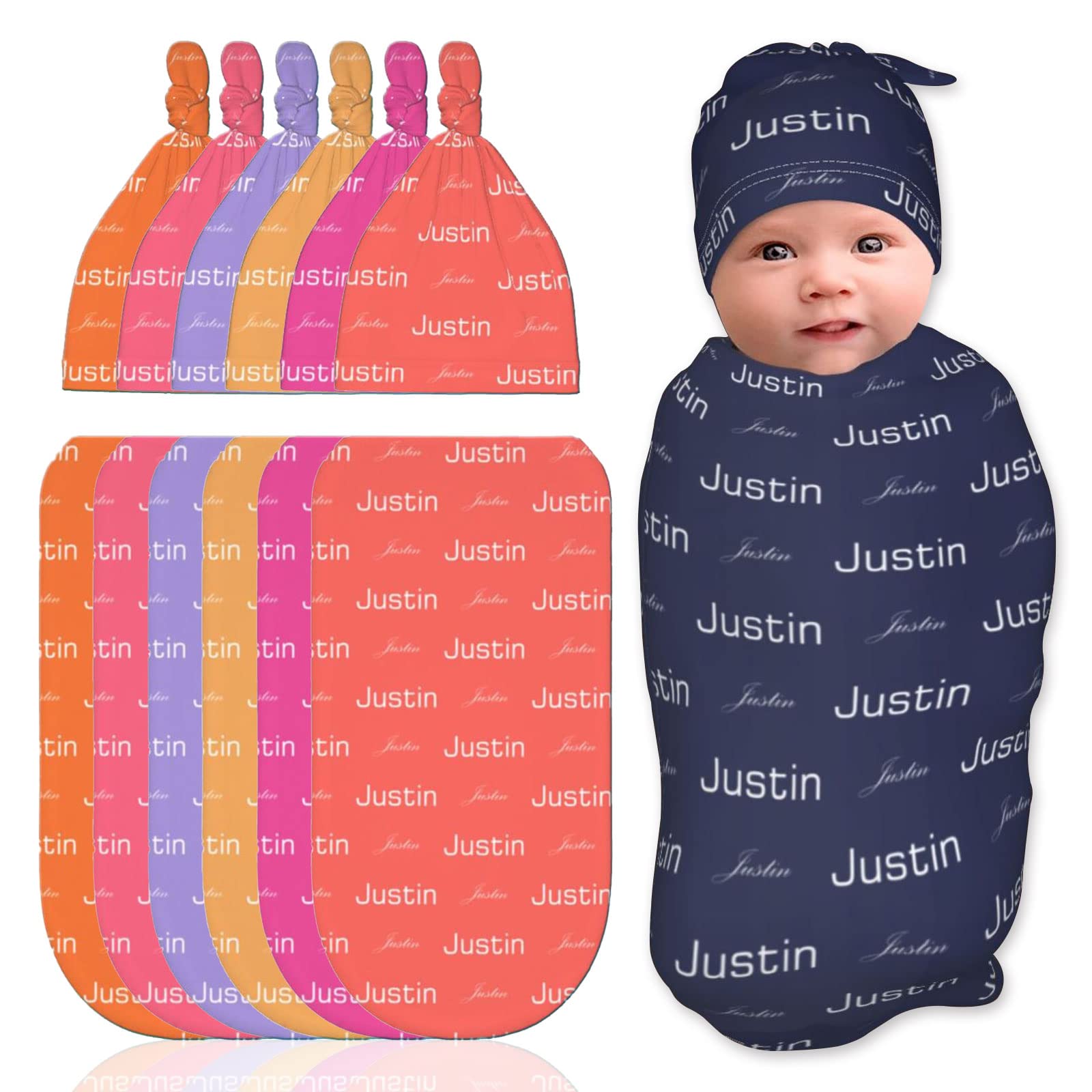 Personalized Baby Swaddle Blanket and Hat Set - Custom Name Newborn Infant Toddler Gift for Boys & Girls - Perfect for Christening, Photo Shoots & Nursery Decor