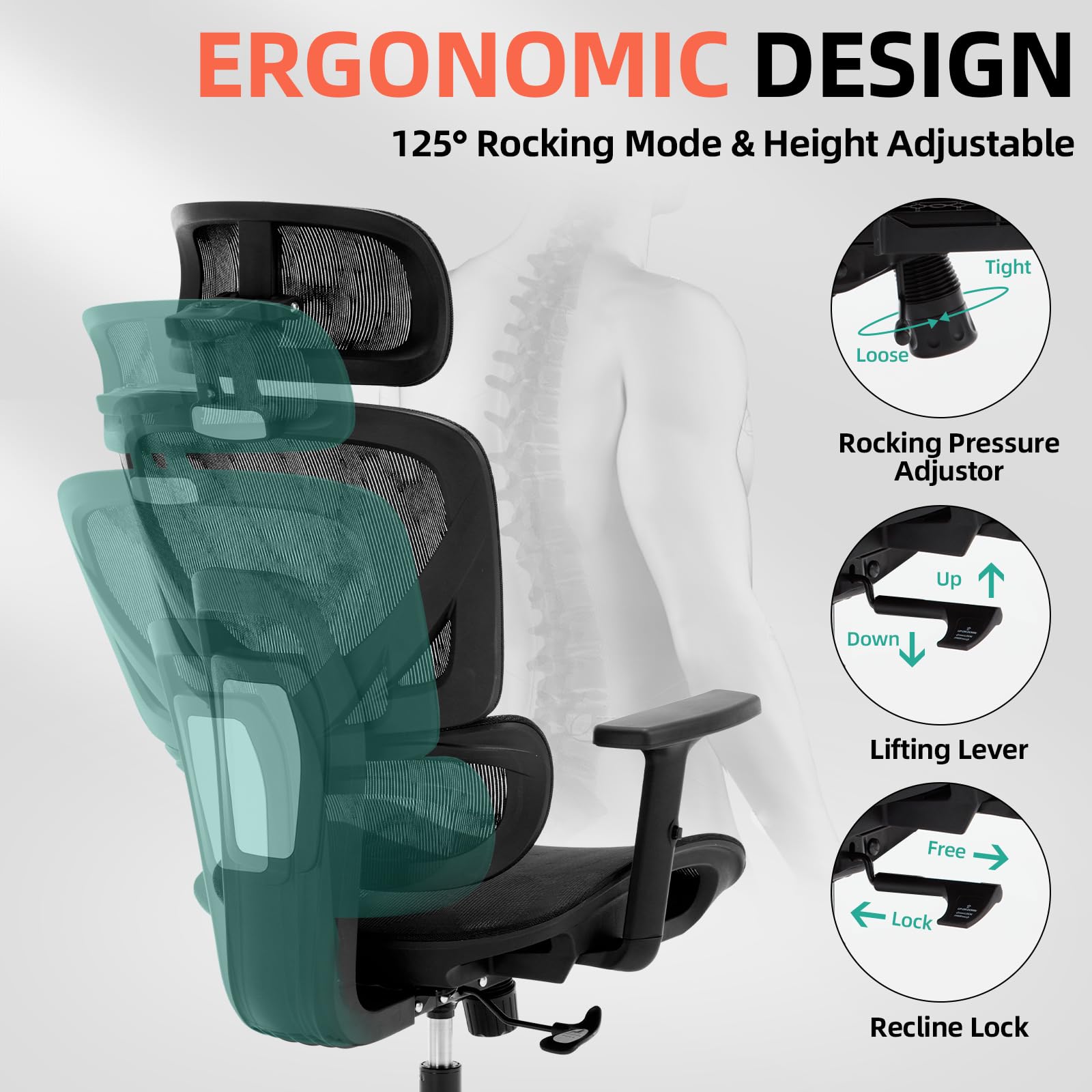 Ergonomic Office Chair with High Back & Lumbar Support - Big & Tall Mesh Desk Chair for Home Office, 400LB Capacity, Adjustable Armrests & Wheels - Perfect for Long Work Hours, Gaming, and Remote Work Comfort