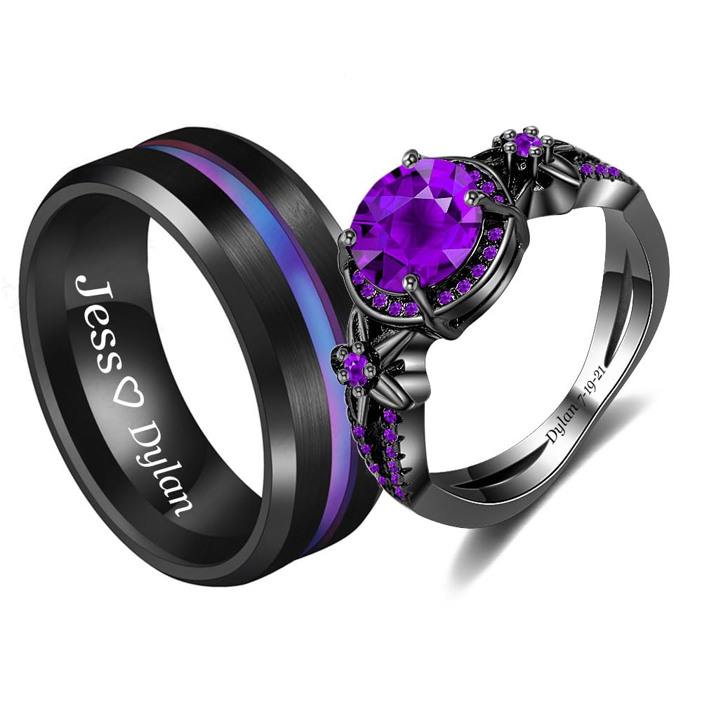 Custom Engraved Matching Promise Rings for Couples - Wedding Band Set for Him & Her - Black & Purple Engagement Rings for Women - Perfect for Anniversaries, Proposals & Romantic Gifts