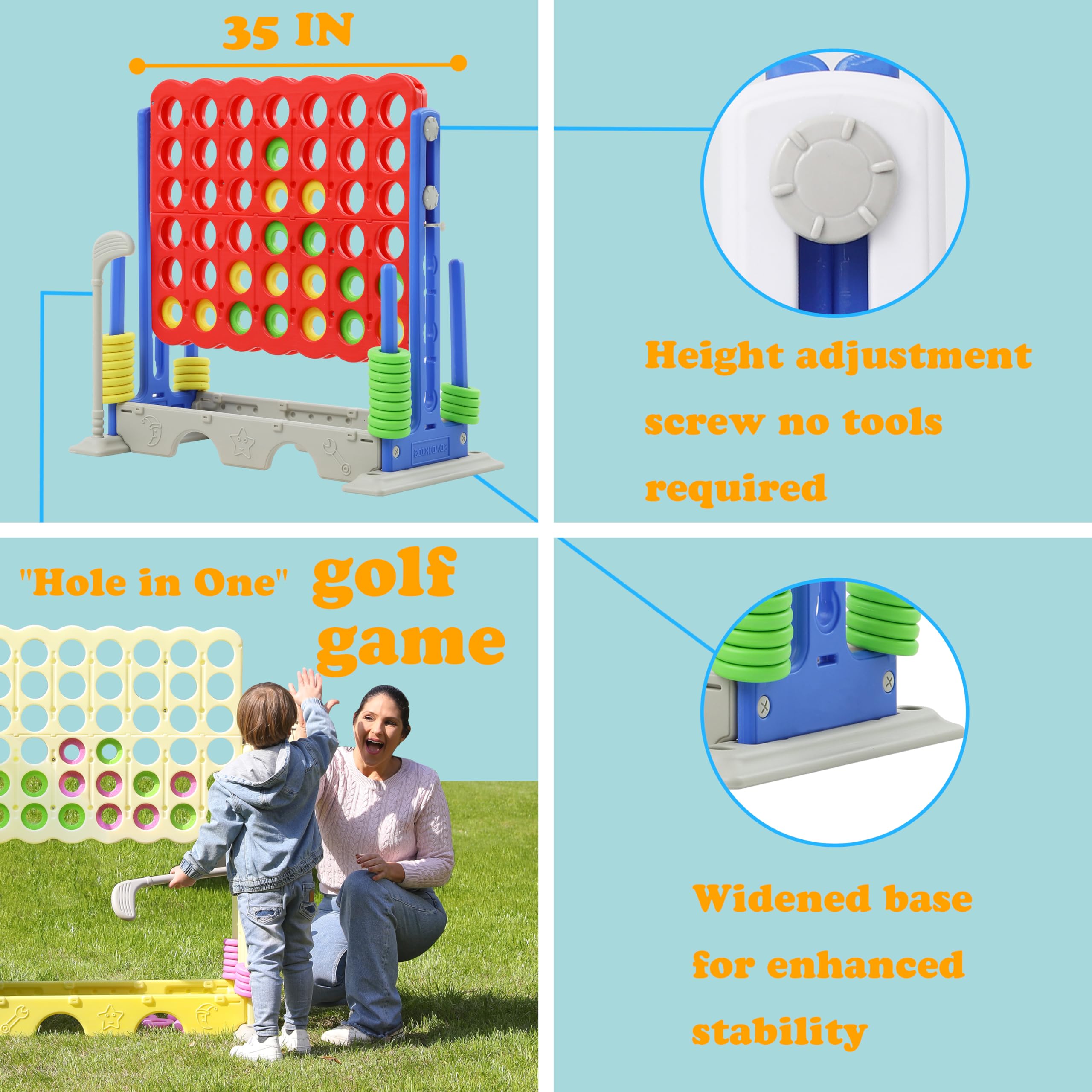 SDADI Giant 4-in-a-Row Connect Game Set - Adjustable Height 2-in-1 Jumbo Tic Tac Toe & Golf Party Game for Kids, Adults & Family - Indoor Outdoor Backyard Lawn Games with Carrying Bag (Blue) - Perfect for Birthday Parties, BBQs, Picnics & Family Game Nights