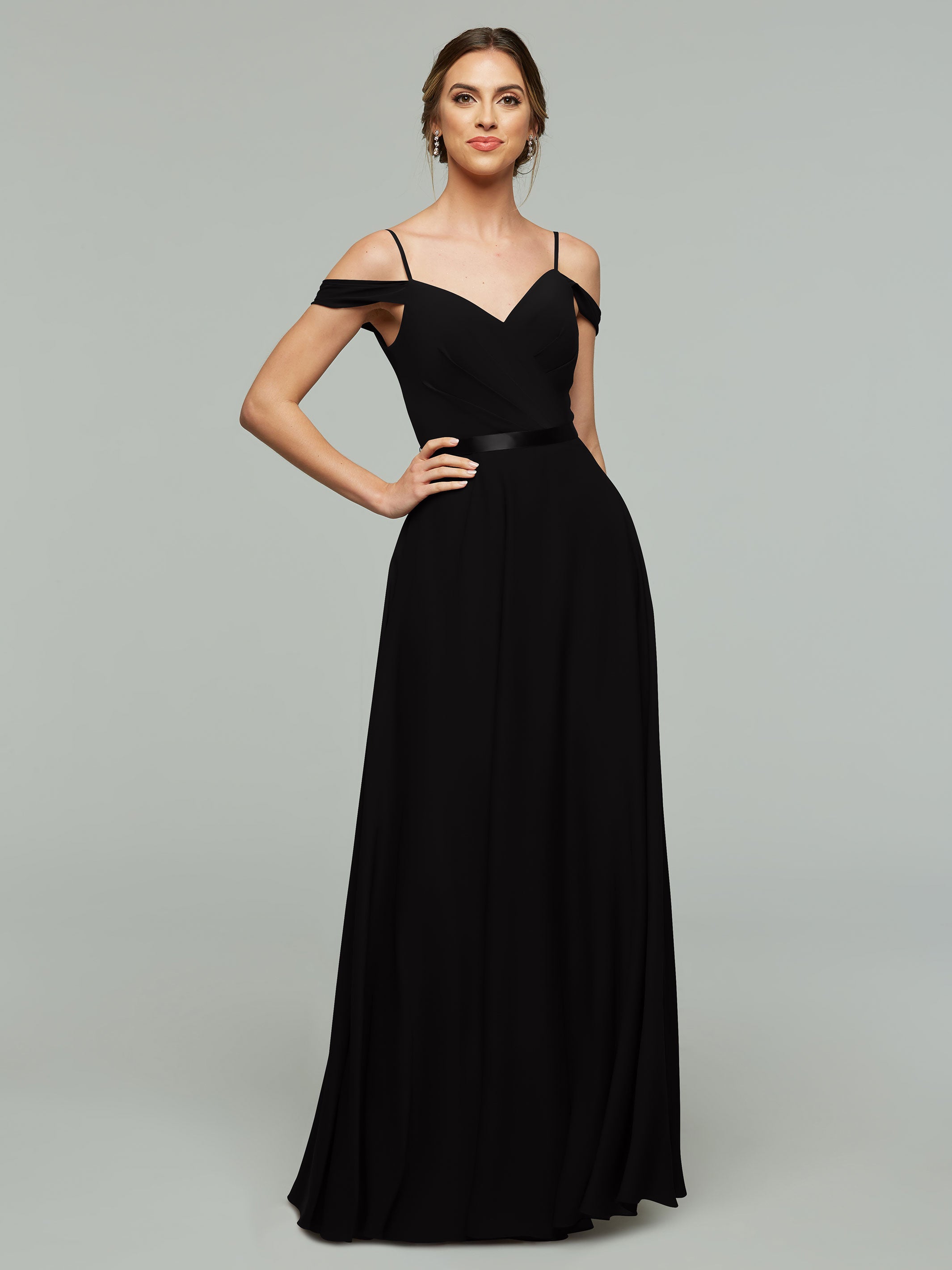 Elegant 80106 Off-The-Shoulder Stretch Chiffon A-Line Bridesmaid Dress with Sash - Perfect for Weddings, Formal Events & Special Occasions