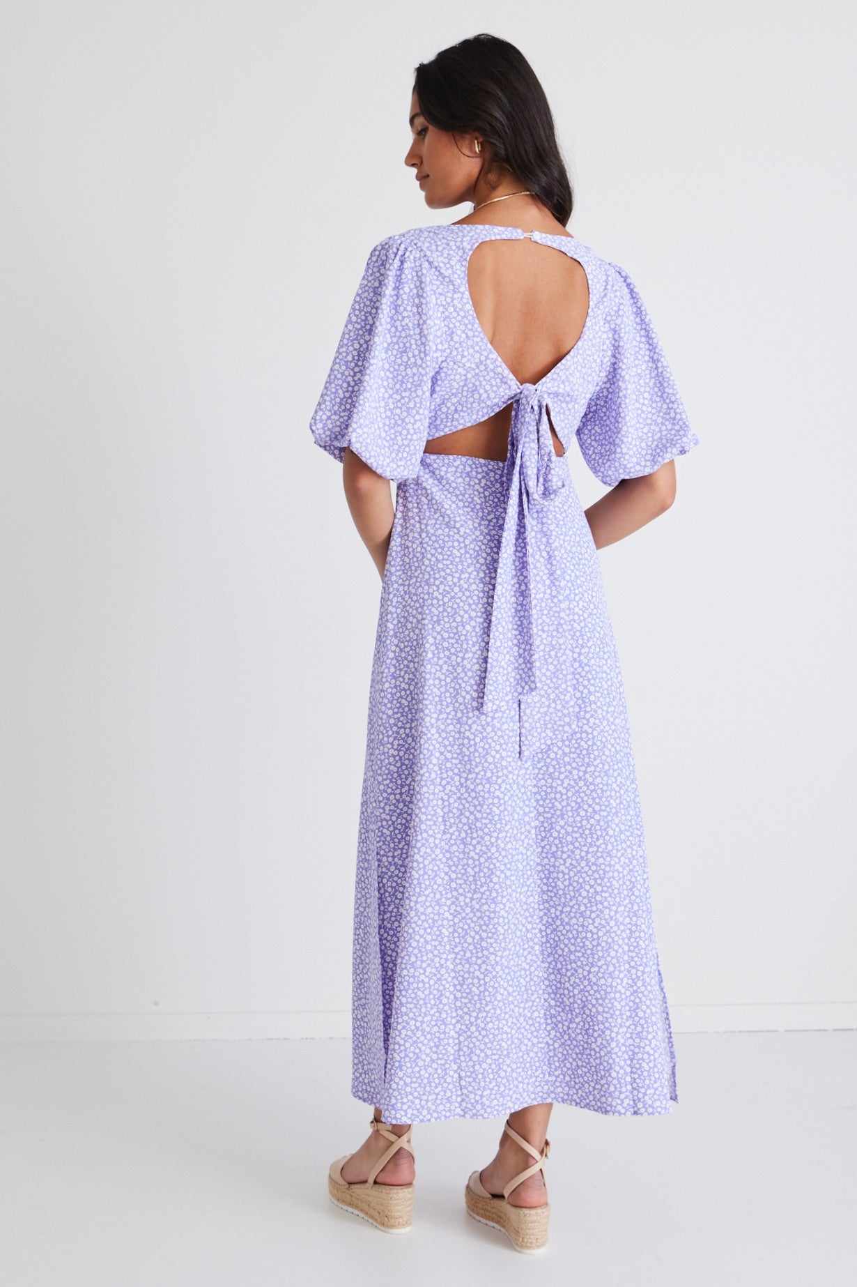 Empire Lilac Ditsy Floral Print Puff Sleeve Midi Dress for Women - Perfect for Spring Weddings, Garden Parties & Date Nights