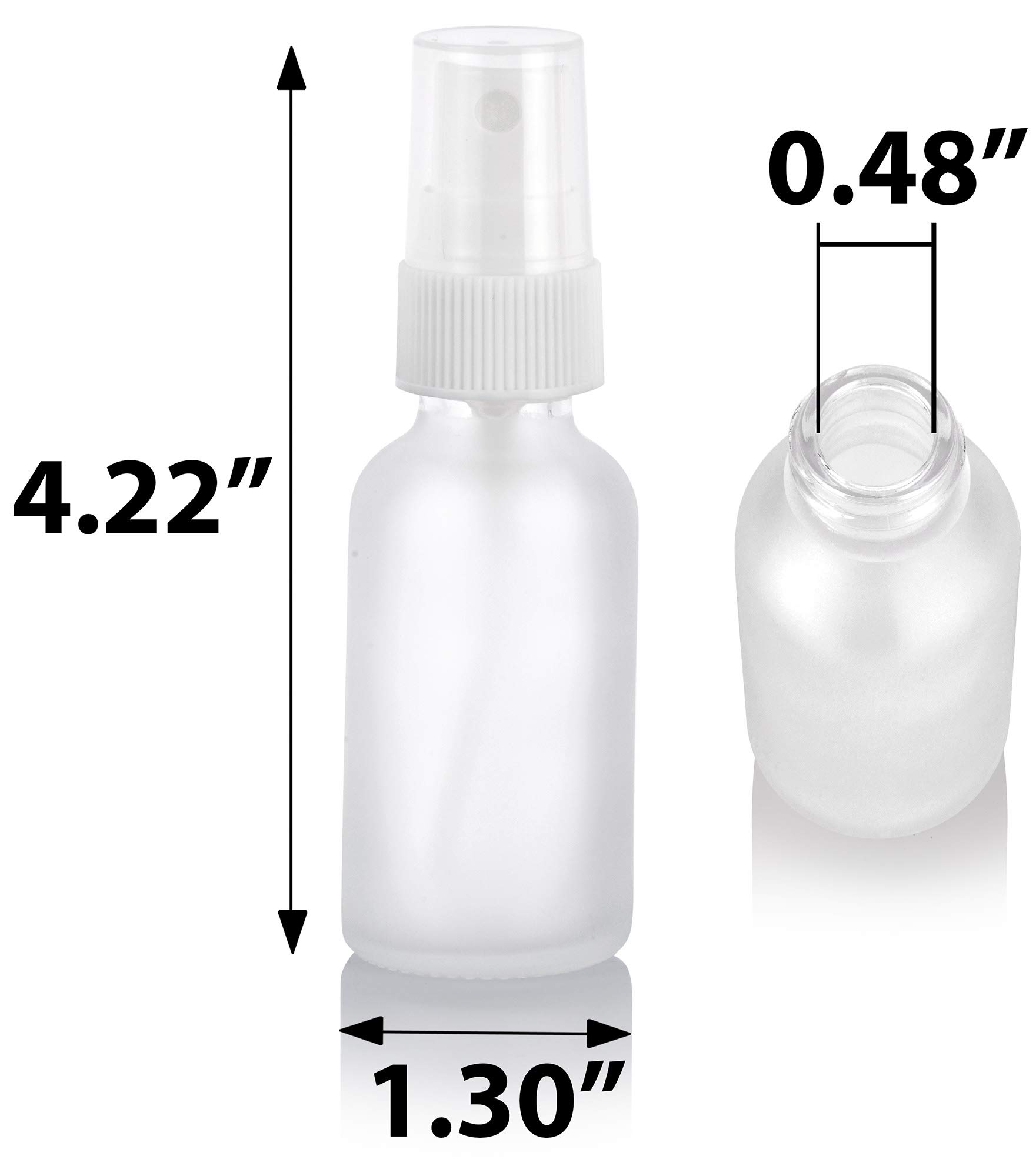 1 oz Frosted Clear Glass Boston Round Bottle with White Fine Mist Spray (4 Pack) + Funnel - Perfect for Essential Oils, Perfumes, DIY Beauty & Travel Size Liquids