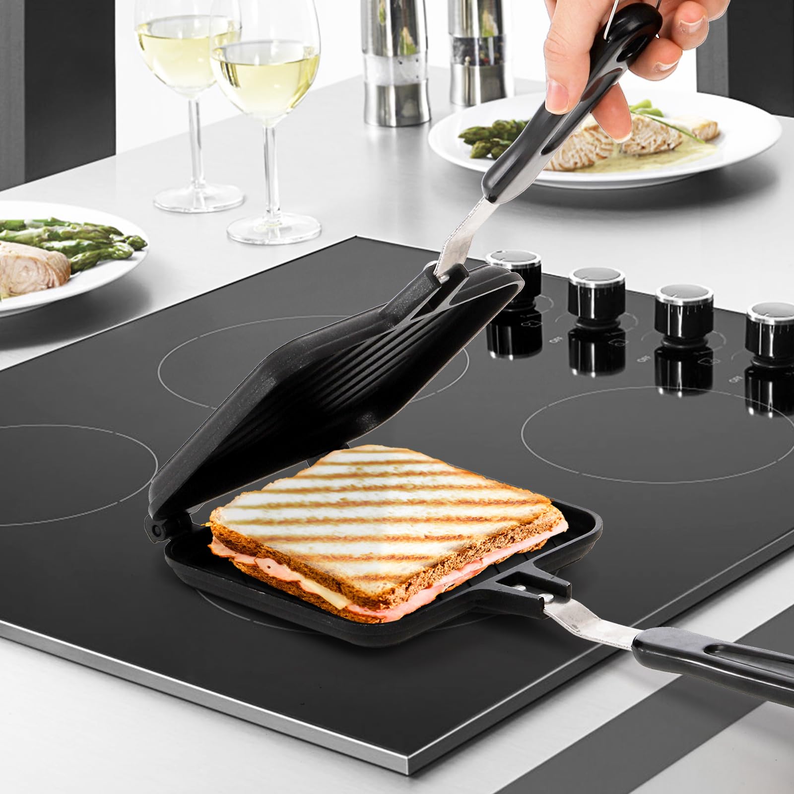 Elsjoy Non-Stick Stovetop Panini Press - Double Sided Sandwich Maker with Handle for Grilled Cheese, Breakfast & Hot Sandwiches - Perfect for Home Kitchen, Camping & Quick Meals