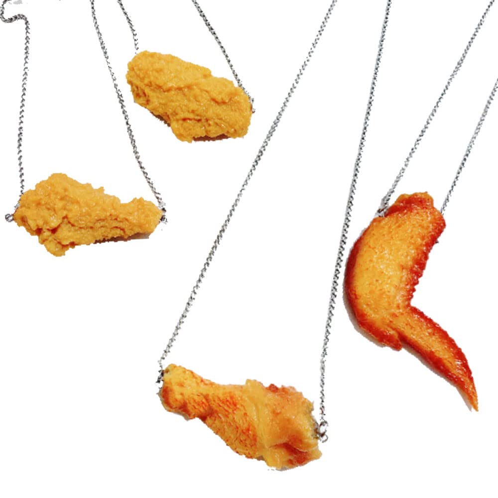 3D PVC Simulation Fried Chicken Pendant Necklace - Funny Handmade Resin Food Jewelry (Chicken Leg & Wings) for Women, Men, Girls & Boys - 4pcs Set - Perfect for Parties, Cosplay, Gifts & BBQ Lovers Accessories