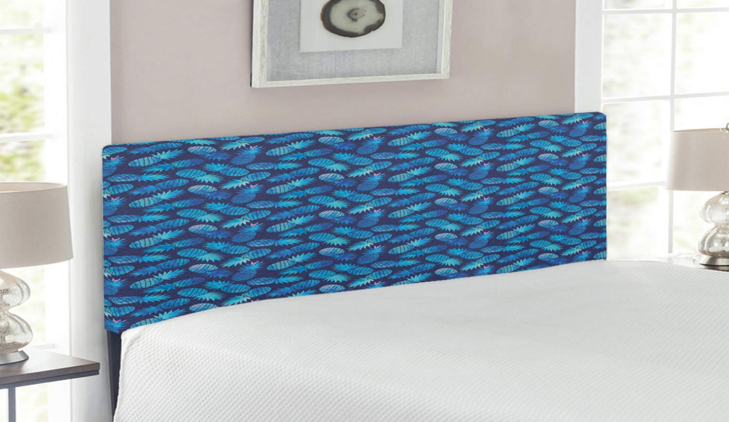 Ambesonne Pastel Headboard - Tropical Hawaiian Pineapple Design in Blue Shades, Upholstered Decorative Metal Bed Headboard with Memory Foam, Queen Size (Dark Blue & Pale Blue) - Perfect for Bohemian Bedroom Decor, Beach House Style & Summer-Themed Home Interiors