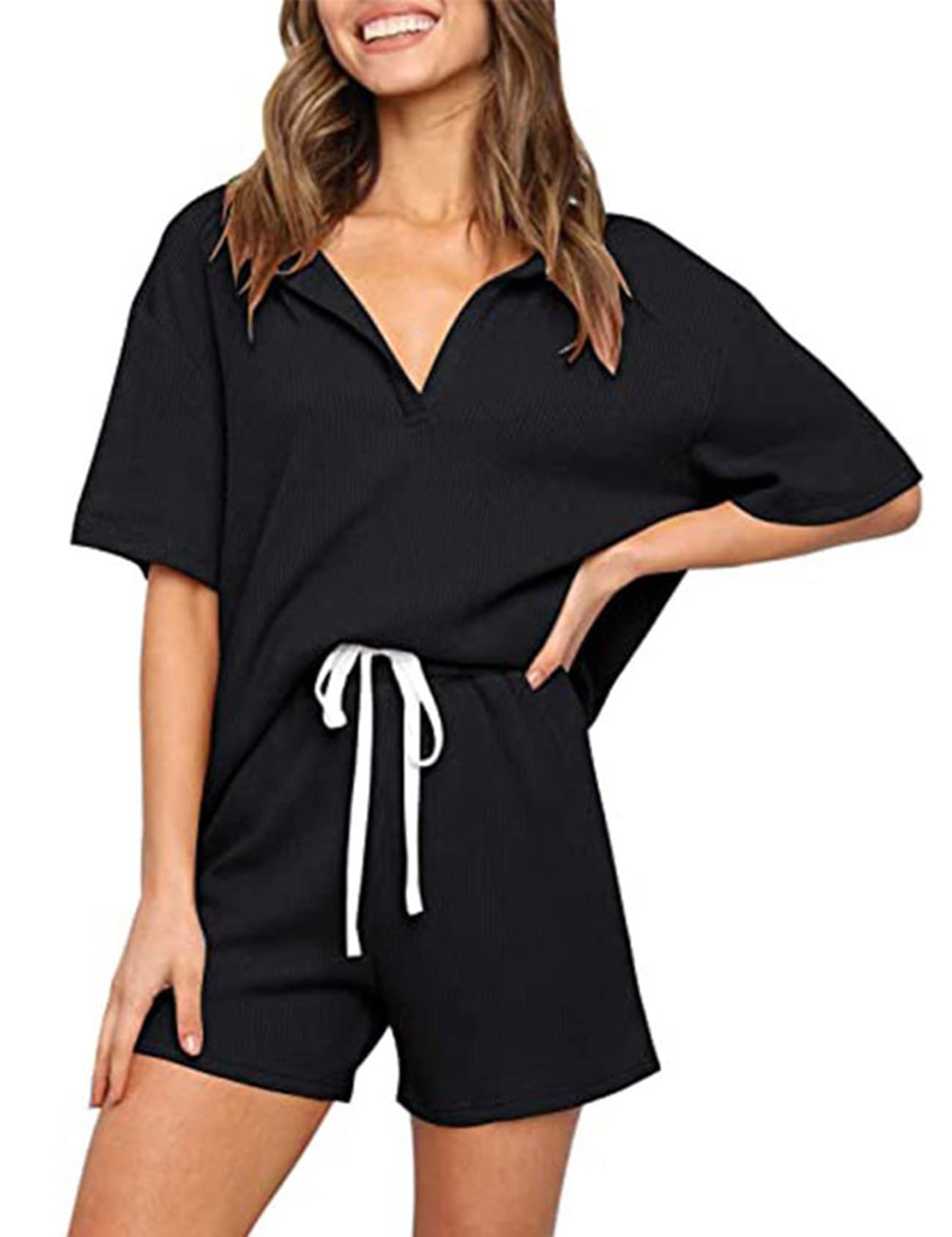 PEHMEA Women's Short Sleeve Pajama Set - Soft Waffle Knit Sleepwear with Henley Top & Comfort Shorts for Nightwear, Lounge Wear and Relaxation at Home