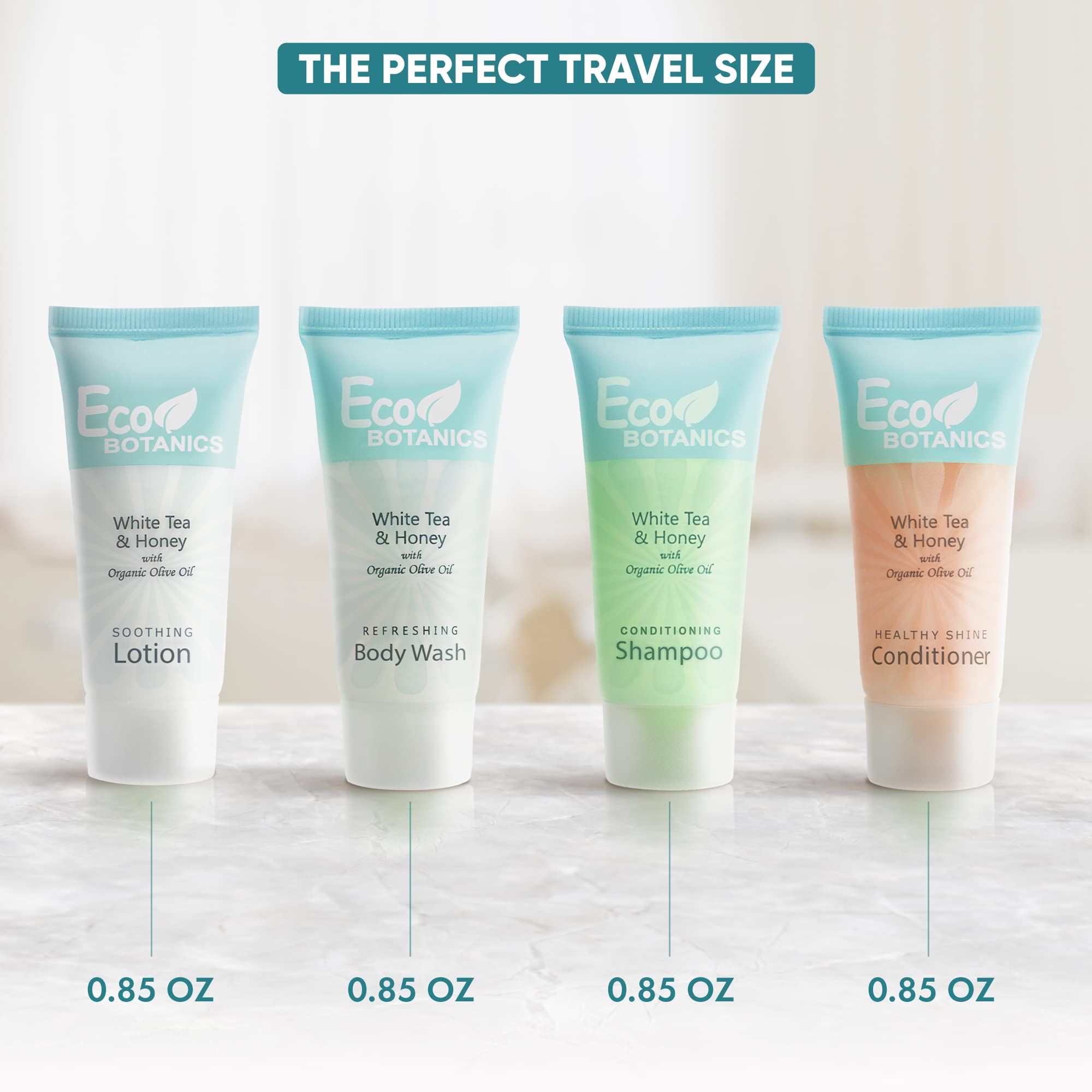 Eco-Friendly Travel Toiletries Set - 80pc Hotel Amenities Kit with 0.85oz Shampoo, Conditioner, Body Wash & Lotion | Bulk Mini Toiletries for Hotels, Airlines, Spas & Guest Gifts | Sustainable Botanical Personal Care Products