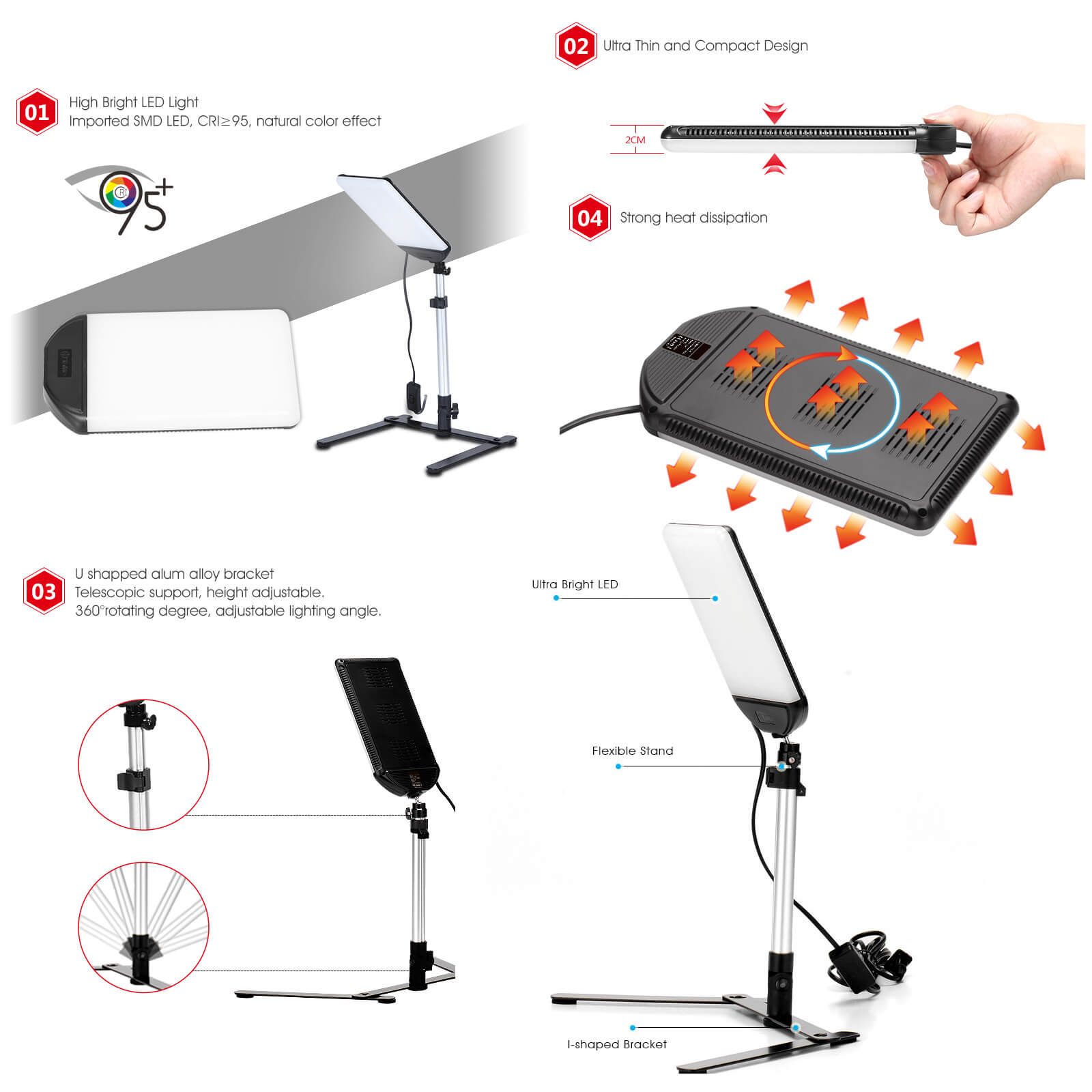 22W Daylight LED Table Top Panel with Stand - Adjustable Brightness for Office, Studio, and Home Workspace Lighting