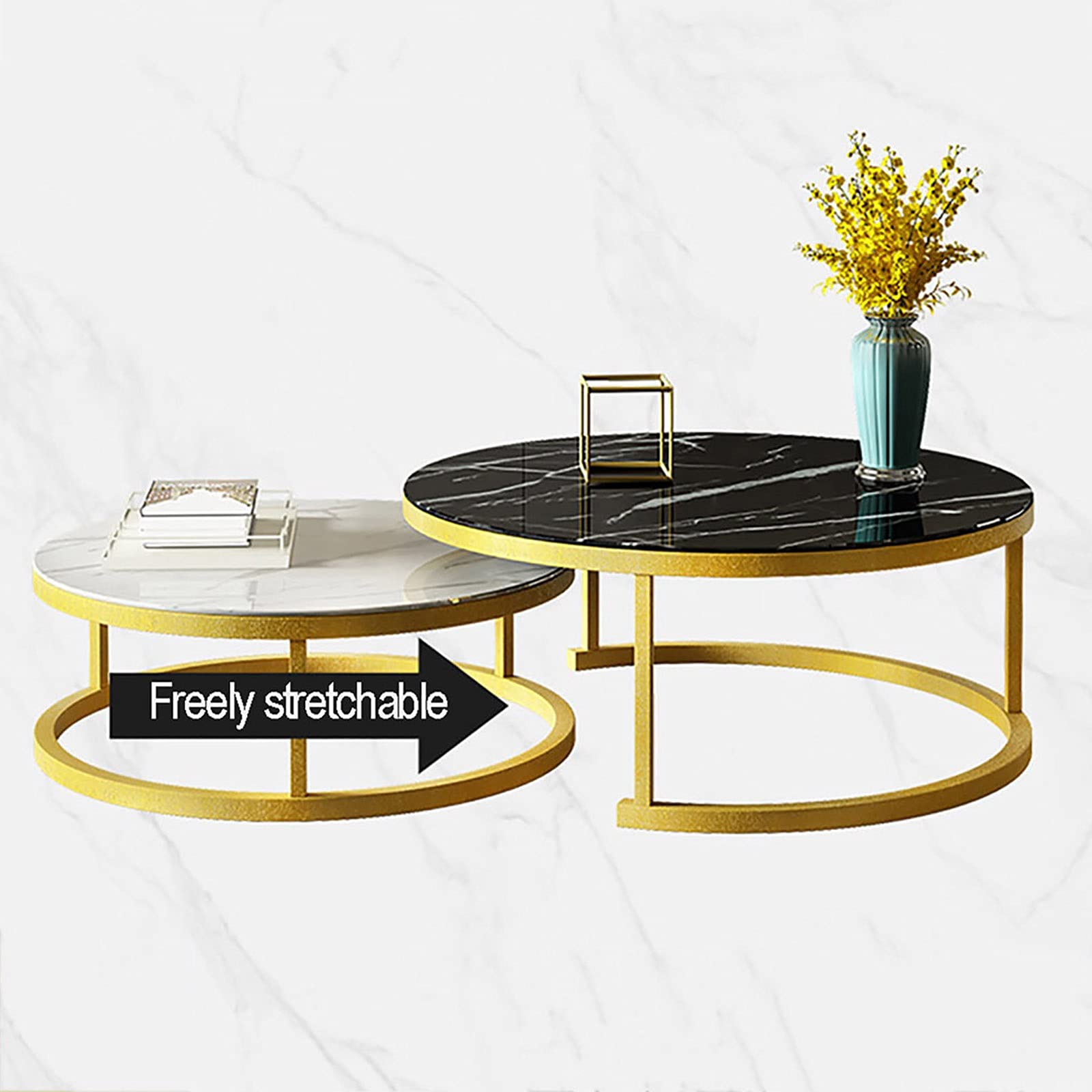 Modern Round Nesting Coffee Table Set of 2 - Stackable Marble Texture Side Tables for Living Room, Sofa & Bedroom - Black Frame (28in+20in) - Perfect for Small Spaces & Home Decor